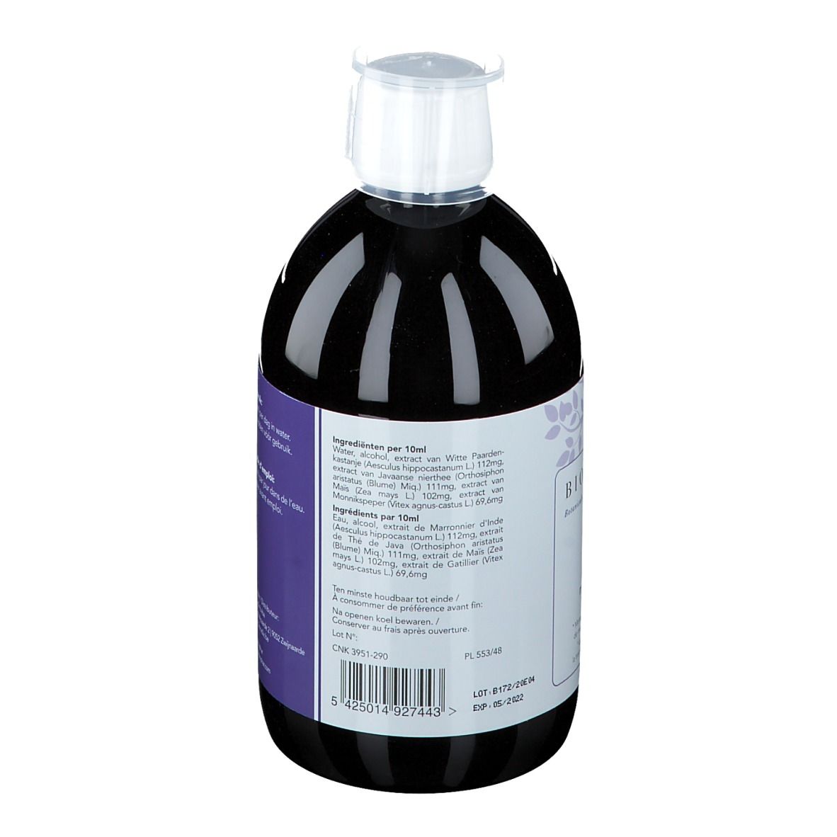 Achterkant van een fles met bruine vloeistof. Etiket met ingrediëntenlijst en voedingswaarde-informatie.