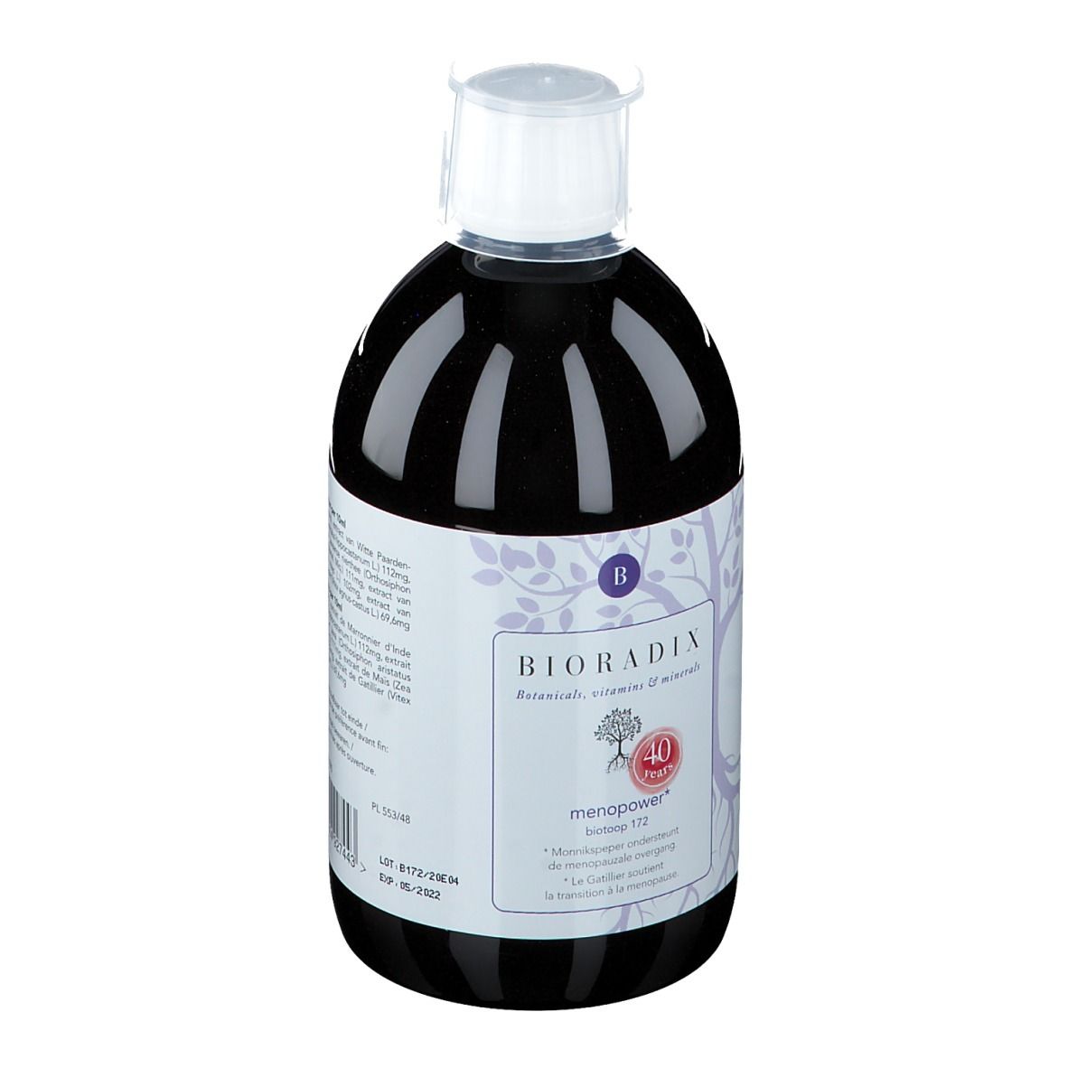 Bruine vloeistof in een fles met witte dop. Etiket met productnaam en logo.