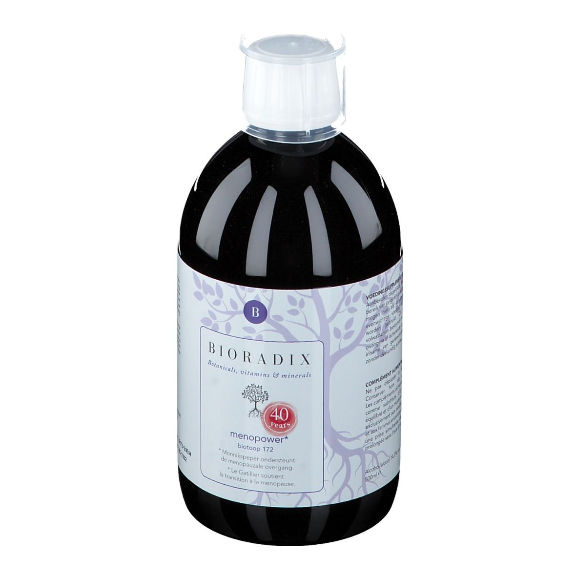 Bruine vloeistof in een fles met witte dop. Etiket met productnaam en logo.
