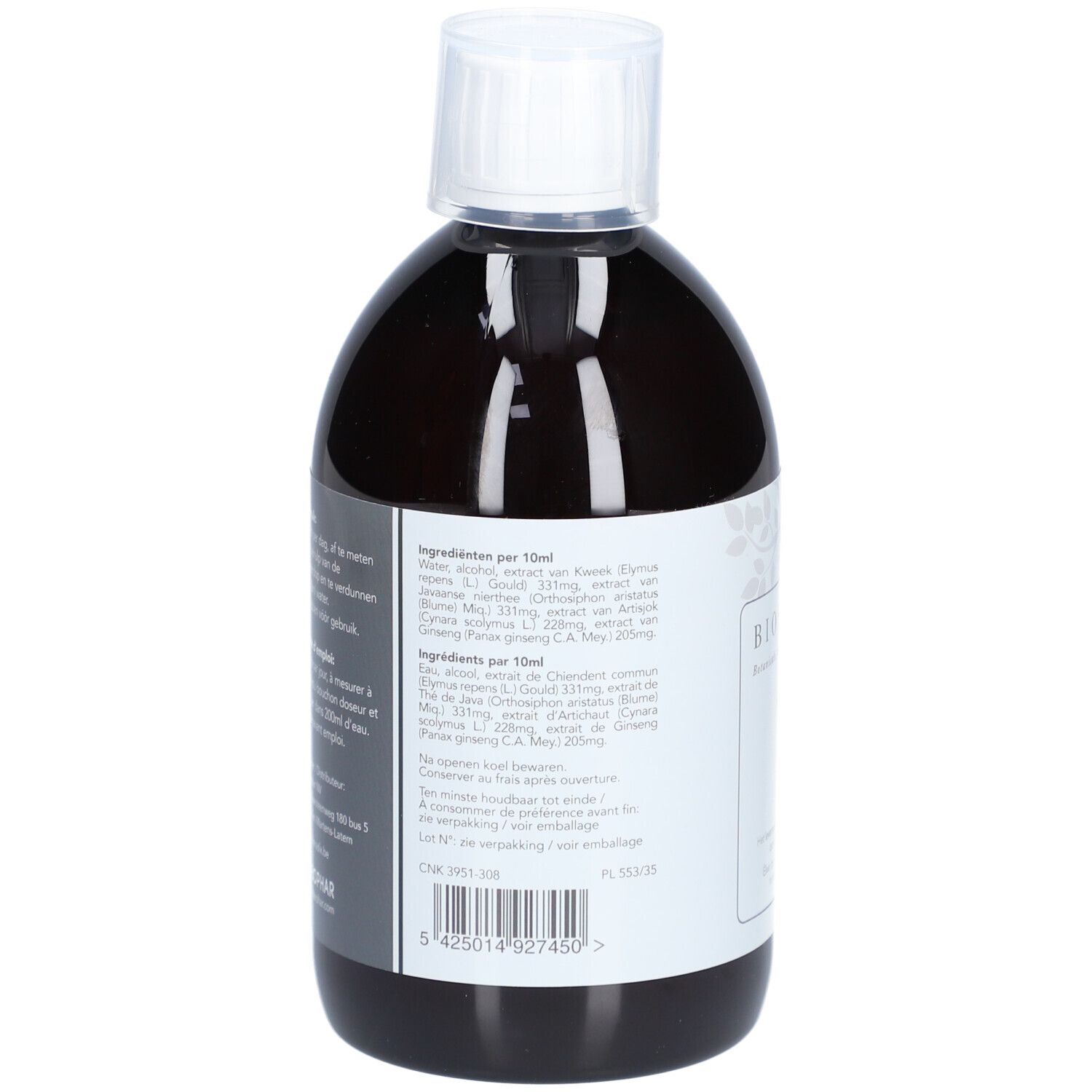 Achterkant van de fles met ingrediëntenlijst. Tekst in meerdere talen.