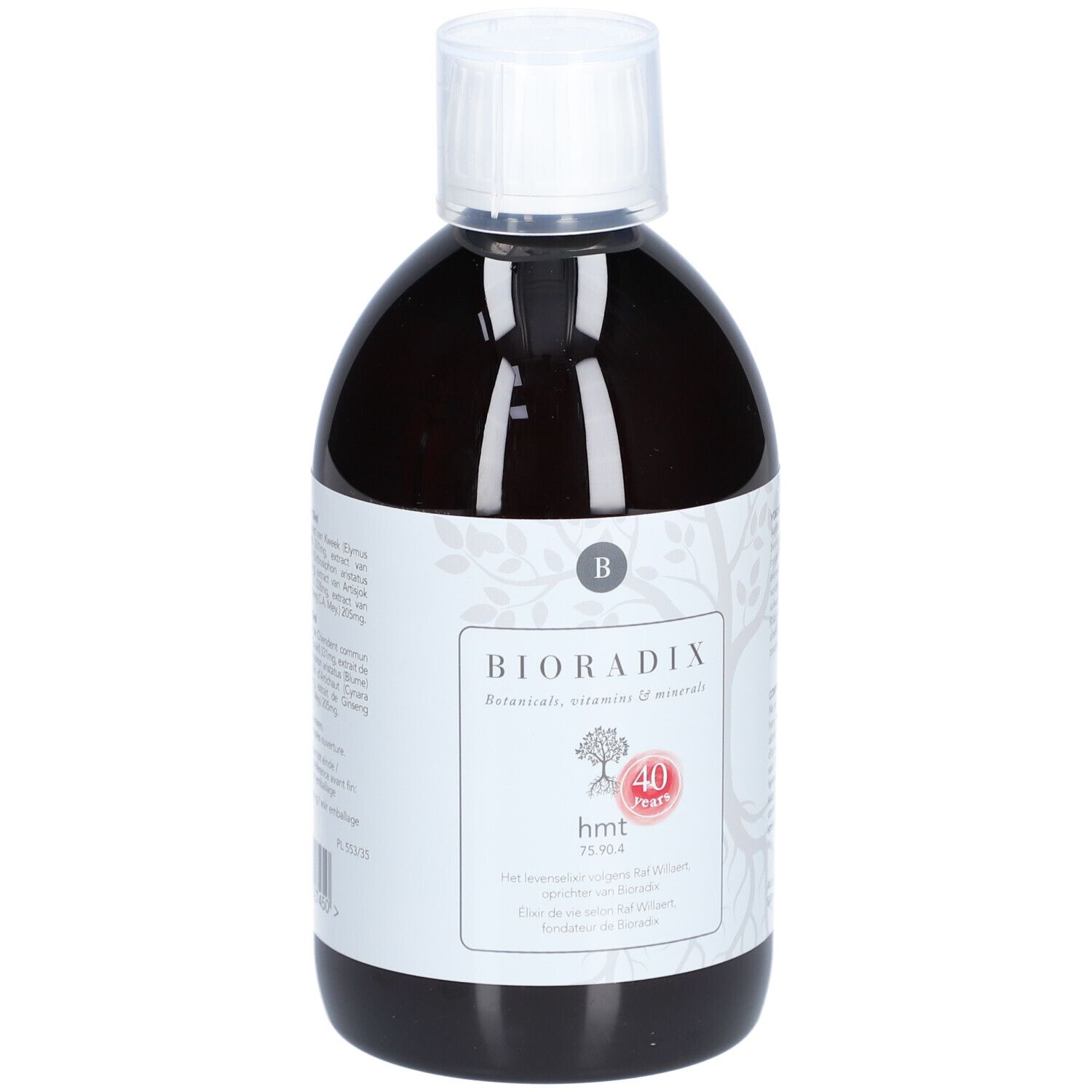 Bruine vloeistof in fles met witte dop. Etiket met logo, productnaam en informatie.