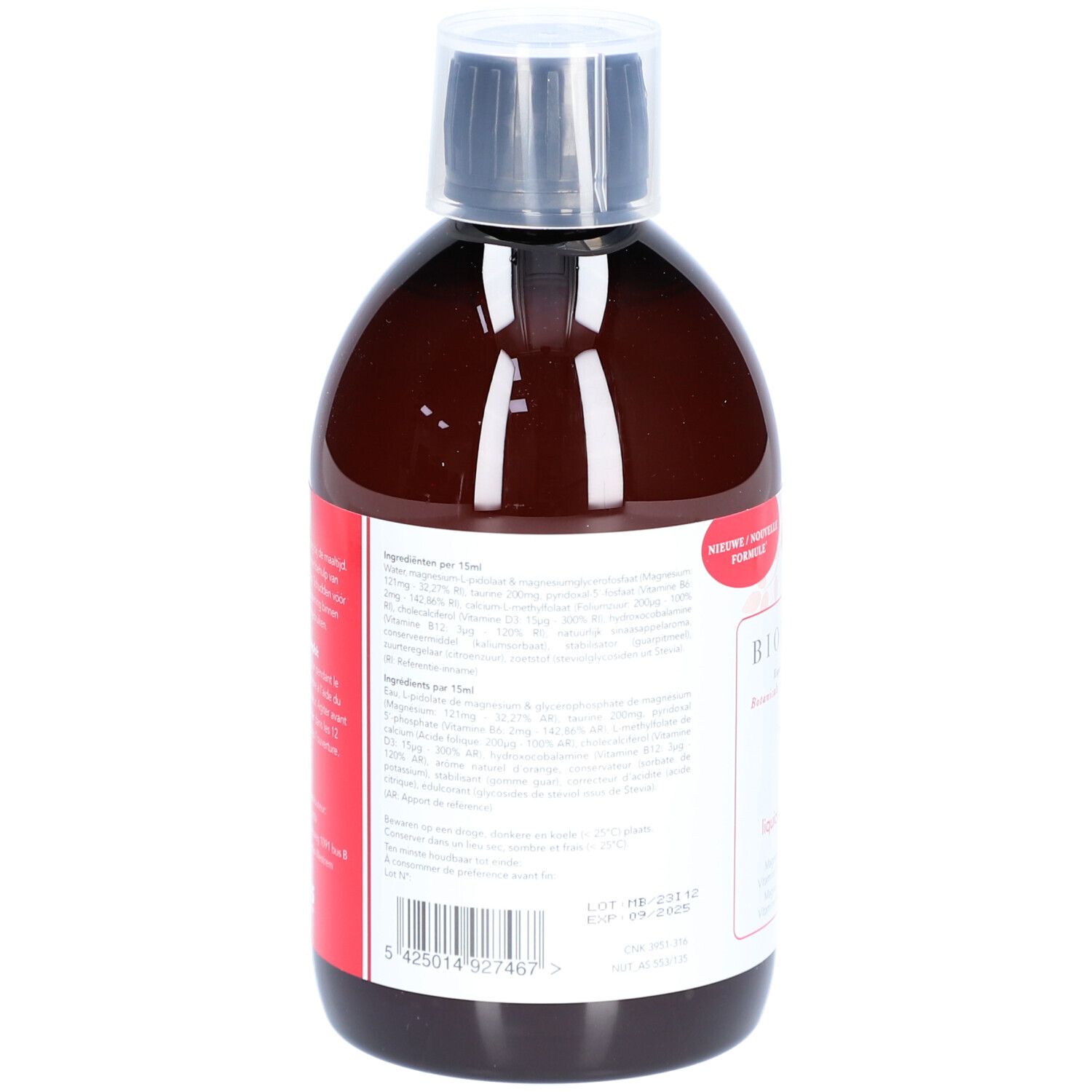 Dos d'une bouteille marron avec bouchon noir. Étiquette blanche avec informations produit et code-barres.
