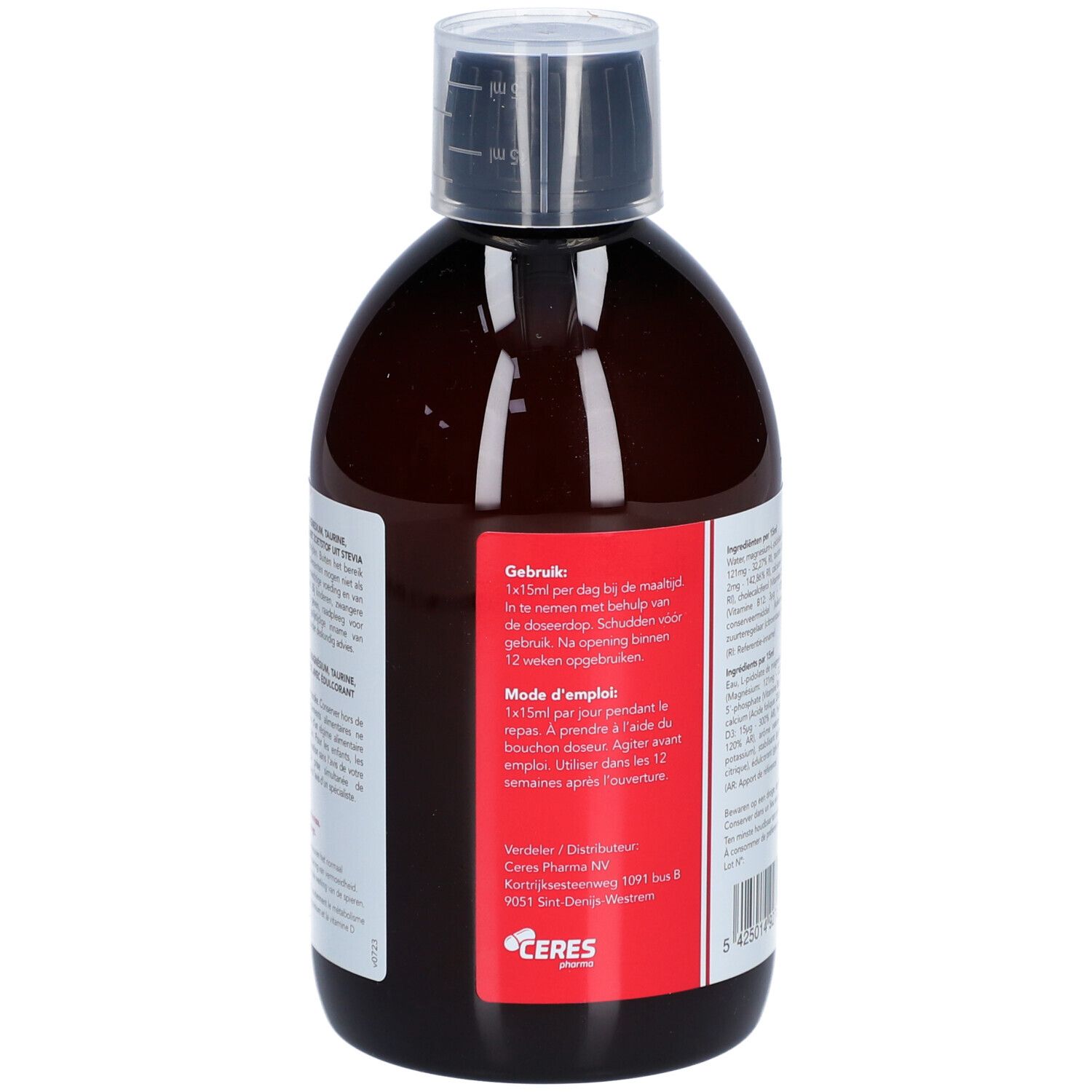 Dos d'une bouteille marron avec bouchon noir. Étiquette blanche avec informations produit et instructions de dosage.