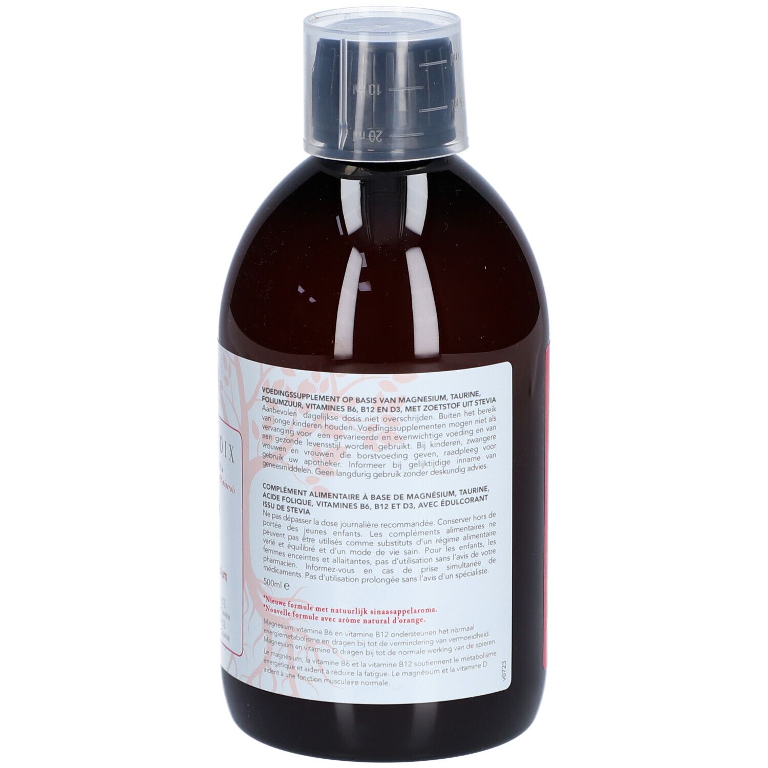 Dos d'une bouteille marron avec bouchon noir. Étiquette blanche avec informations produit et ingrédients.