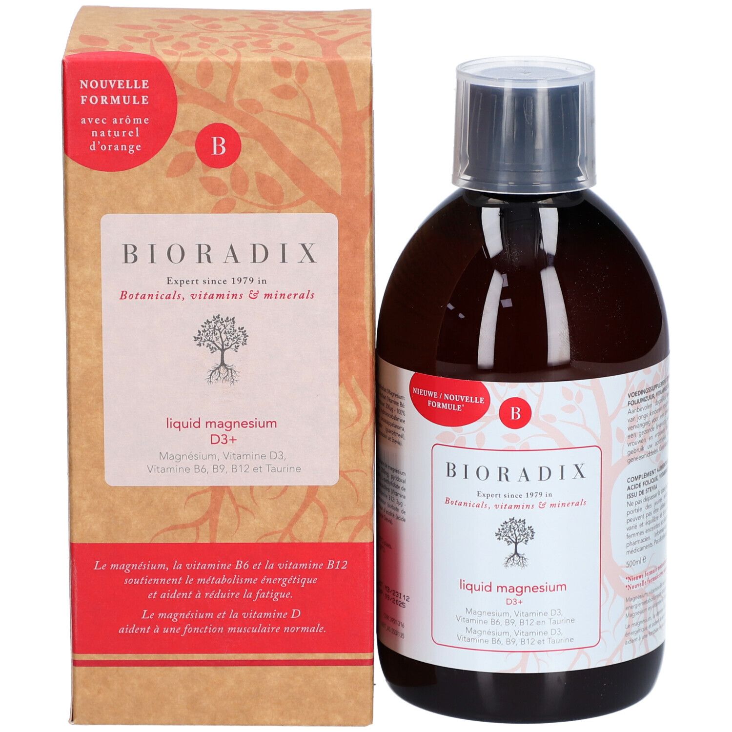 Bouteille marron avec bouchon noir à côté d'une boîte marron. Le nom de la marque et les informations sur le produit sont sur la boîte.