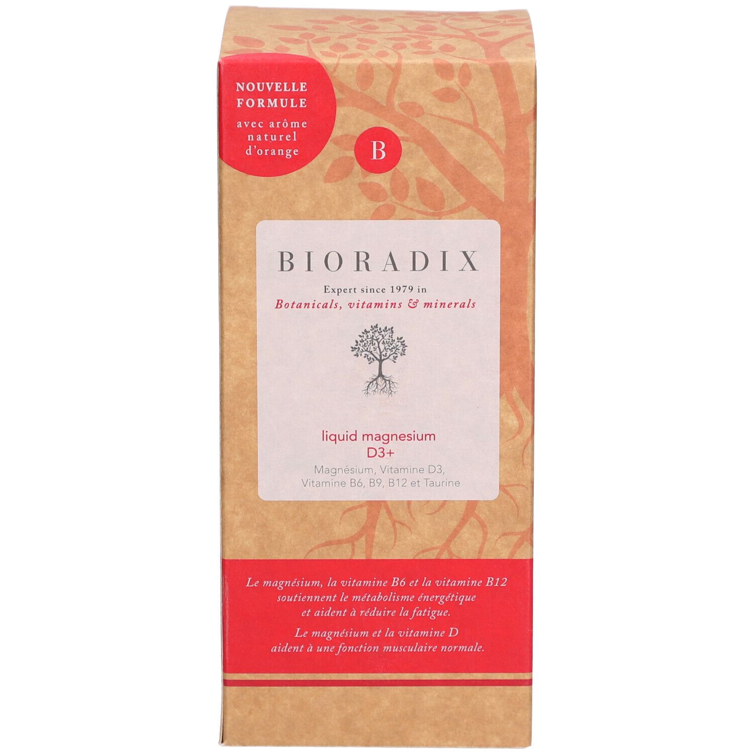 Boîte marron avec nom de la marque et informations sur le produit. Autocollant rouge avec texte.