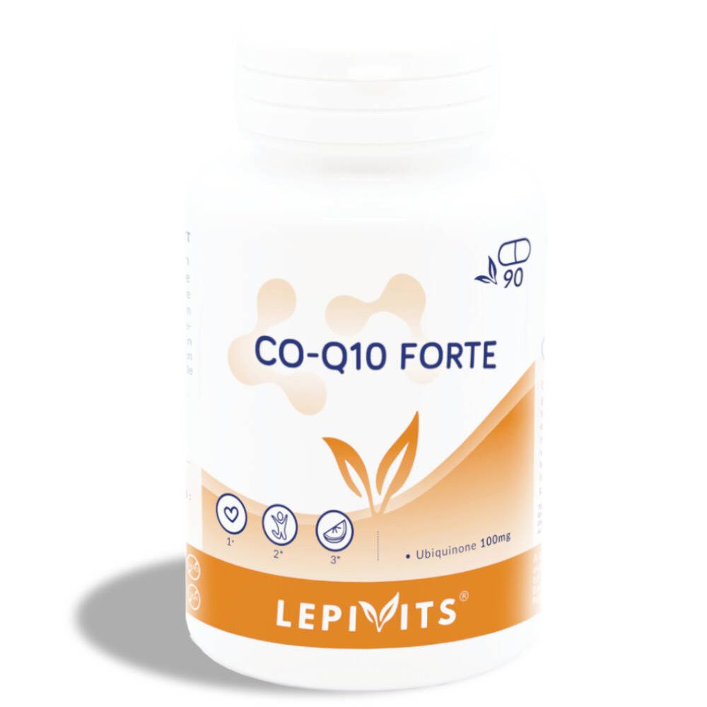 Flacon blanc LEPIVITS® CoQ10 FORTE. Inscription: CO-Q10 FORTE, Ubiquinone 100mg. 90 gélules.