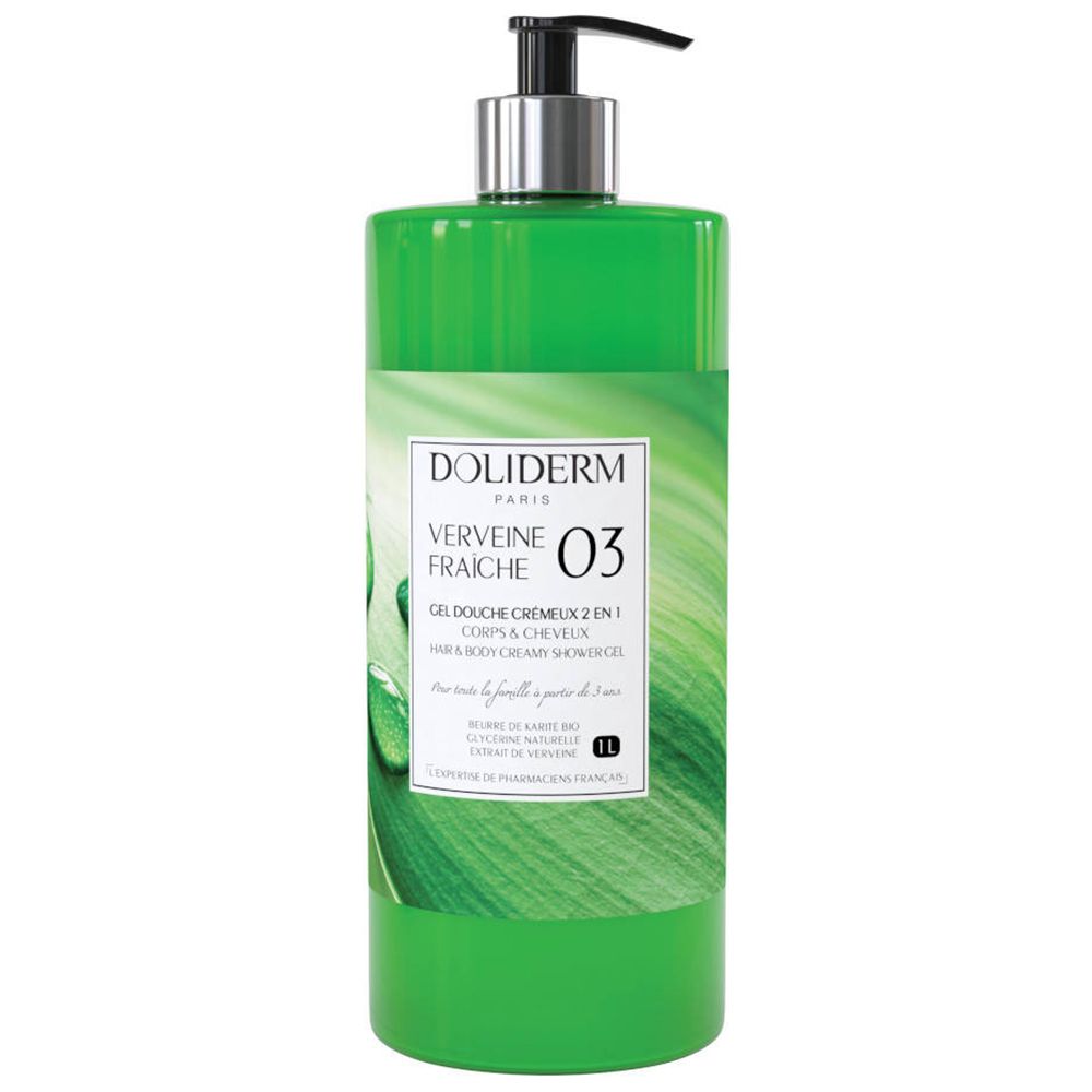 Grüne Flasche mit Dosierpumpe. Aufschrift: DOLIDERM VERVEINE FRAICHE 03. Duschgel 2 in 1. Französische Zertifizierung.