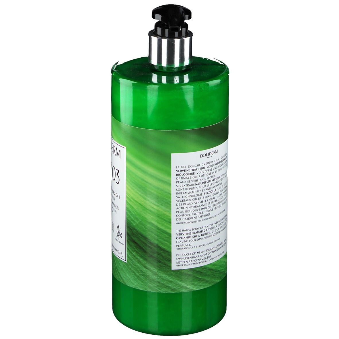 Flacon vert avec pompe noire. Texte au dos. Inscription: Doliderm. Labels de qualité français.