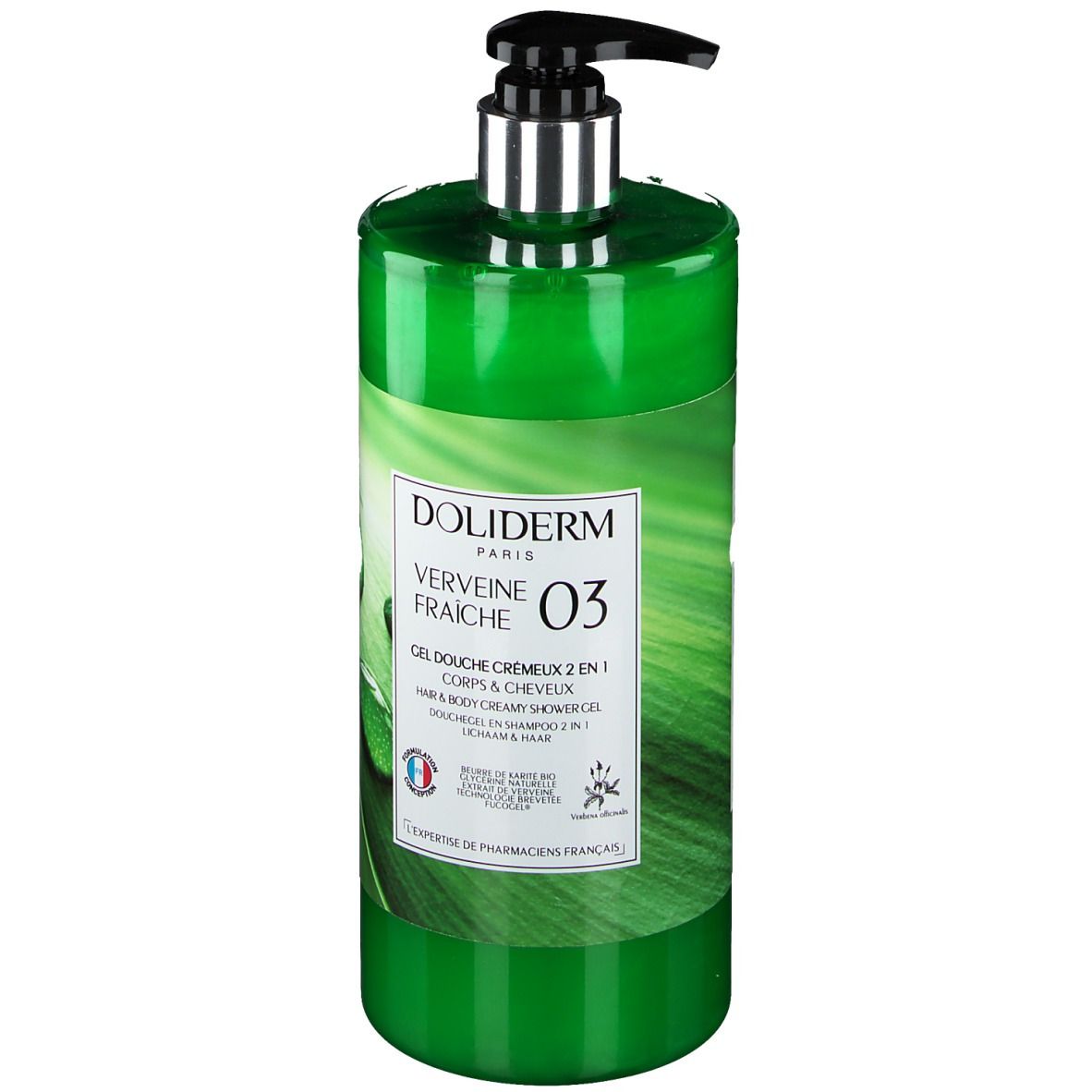 Flacon vert avec pompe noire. Inscription: Doliderm, Verveine Fraîche, Gel Douche Crémeux 2 en 1. Labels de qualité français.