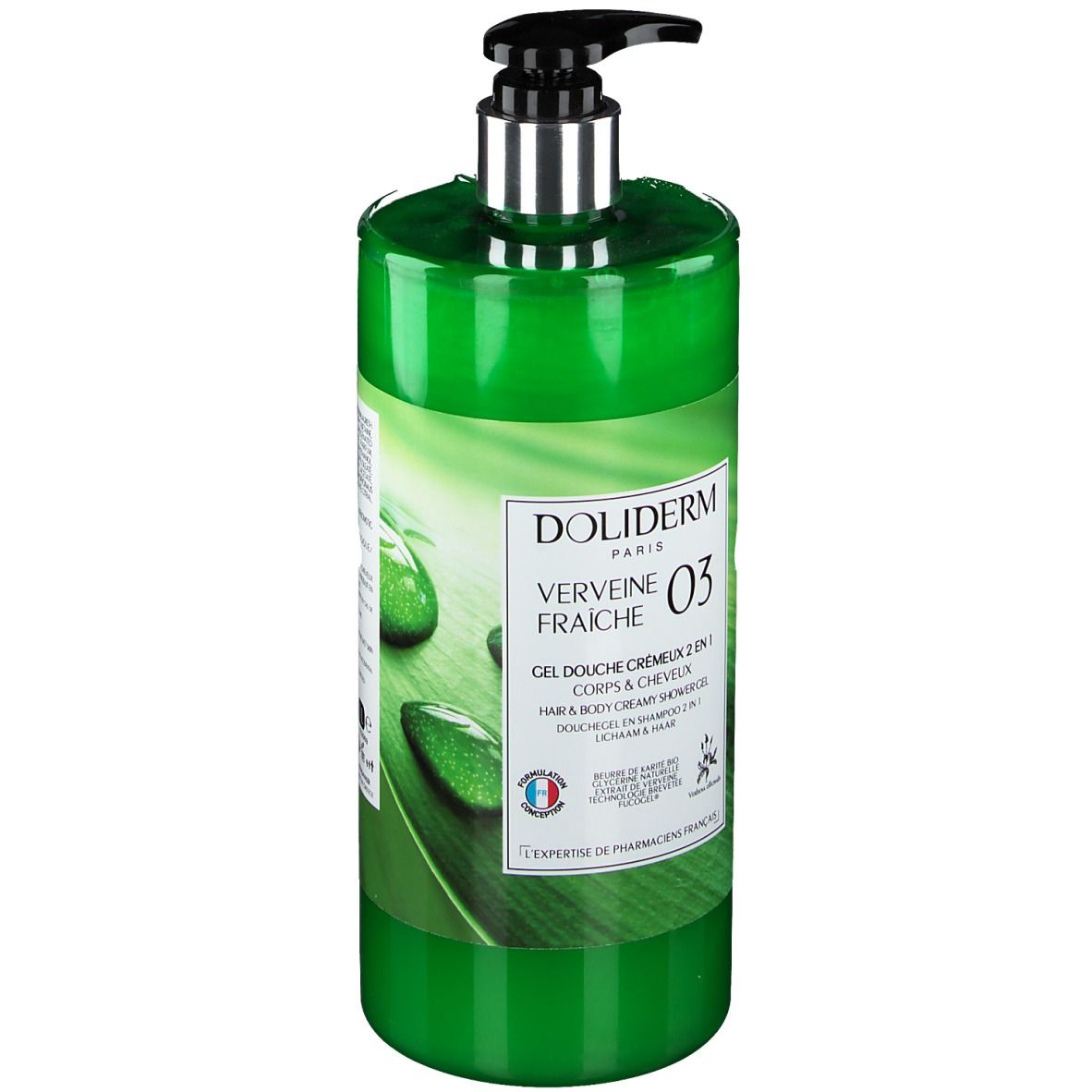 Flacon vert avec pompe noire. Inscription: Doliderm, Verveine Fraîche, Gel Douche Crémeux 2 en 1. Labels de qualité français.