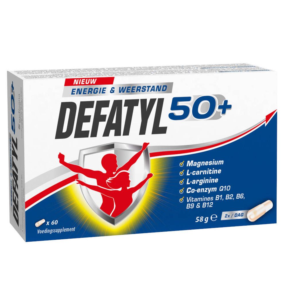 Boîte blanche "DEFATYL 50+". Contient 60 gélules. Inscription: Énergie & Résistance. Ingrédients: Magnésium, L-carnitine, L-arginine, Coenzyme Q10, Vitamines.
