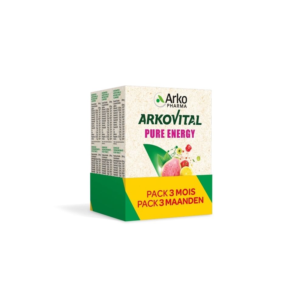 Emballage du produit. Inscription: Arkovital, Pure Energy, Pack 3 maanden. Illustration de fruits et baies.