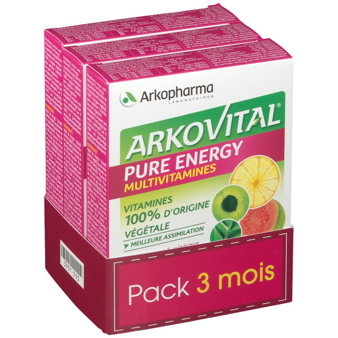Verpakking van drie dozen. Opschrift: Arkovital, Pure Energy, Multivitaminen, Vitaminen 100% plantaardige oorsprong. Illustratie van fruit.
