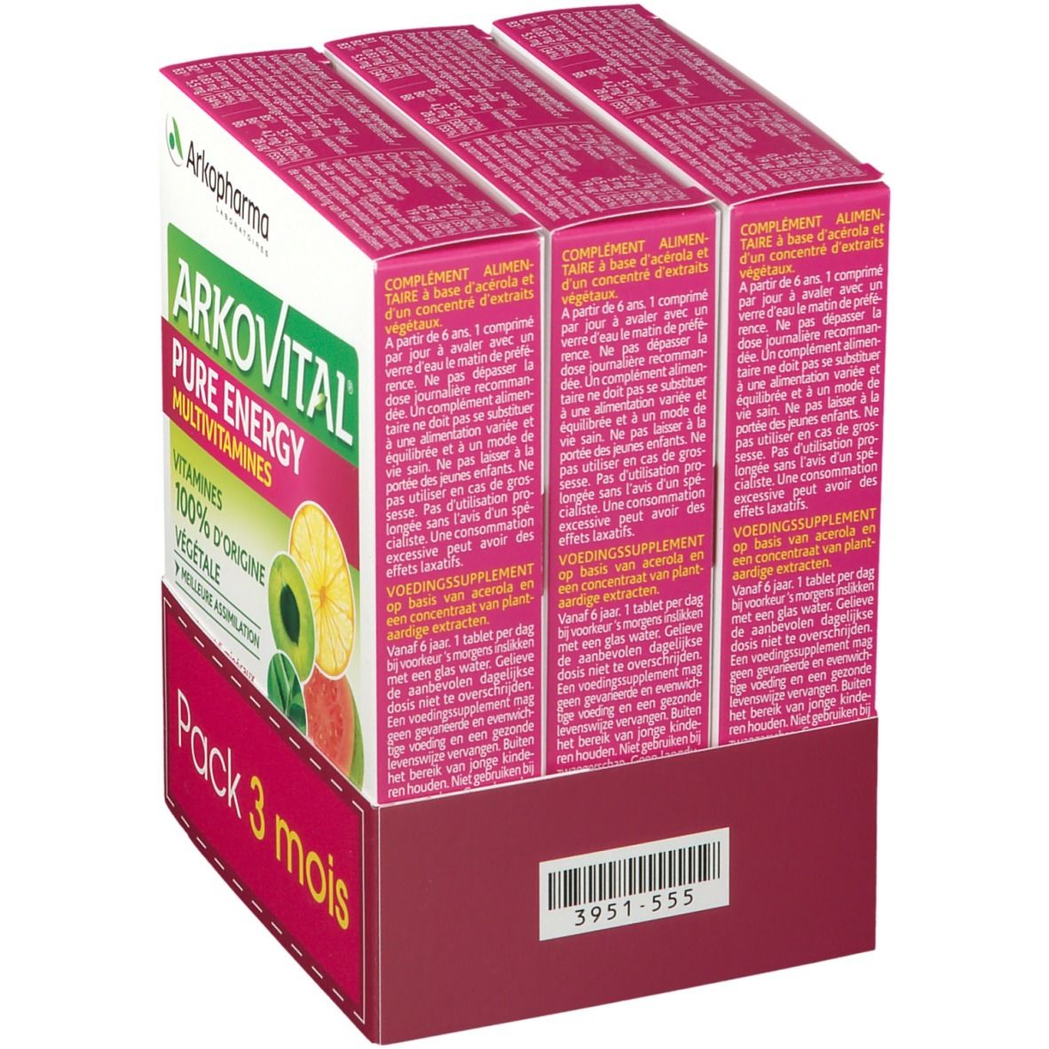 Drie dozen. Opschrift: Arkovital, Pure Energy, Multivitaminen, Vitaminen 100% plantaardige oorsprong. Tekst over voedingssupplementen.