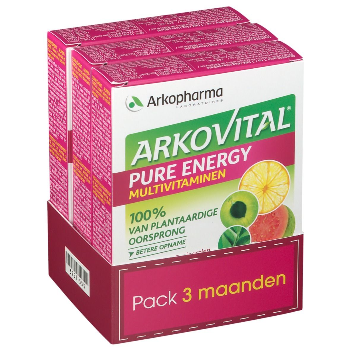 Verpakking van drie dozen. Opschrift: Arkovital, Pure Energy, Multivitaminen, Vitaminen 100% plantaardige oorsprong. Illustratie van fruit.