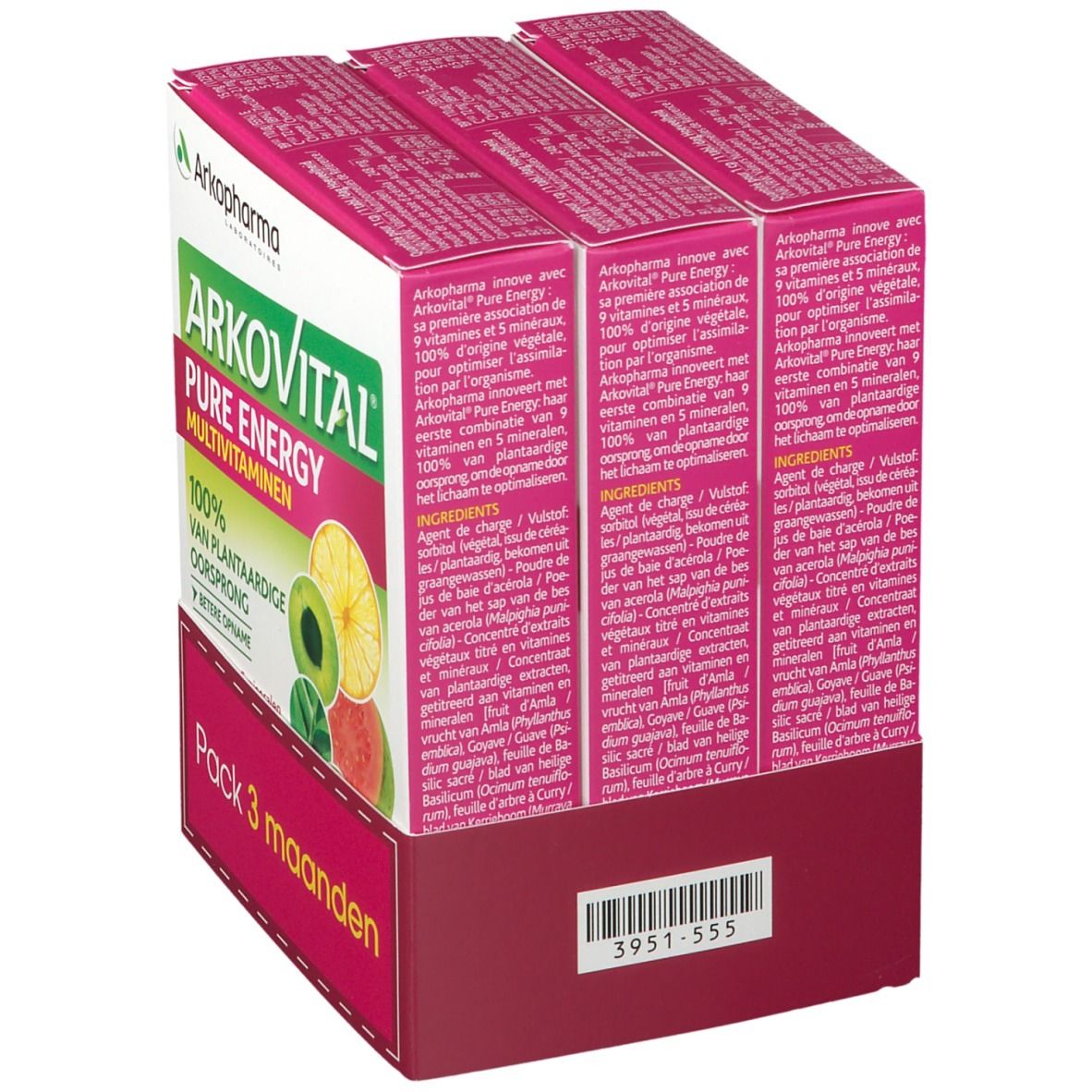 Drie dozen. Opschrift: Arkovital, Pure Energy, Multivitaminen, Vitaminen 100% plantaardige oorsprong. Tekst over ingrediënten.