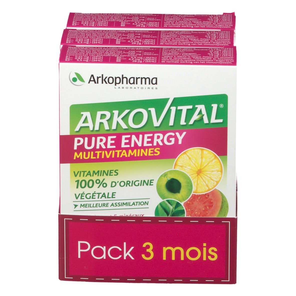 Verpakking van drie dozen. Opschrift: Arkovital, Pure Energy, Multivitaminen, Vitaminen 100% plantaardige oorsprong. Illustratie van fruit.