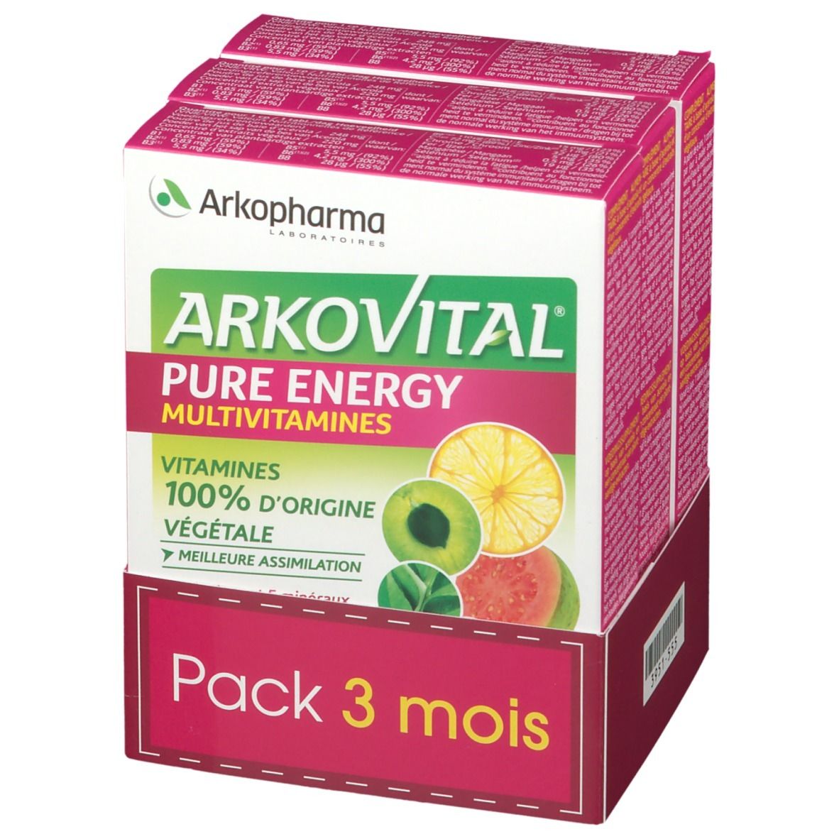 Verpakking van drie dozen. Opschrift: Arkovital, Pure Energy, Multivitaminen, Vitaminen 100% plantaardige oorsprong. Illustratie van fruit.
