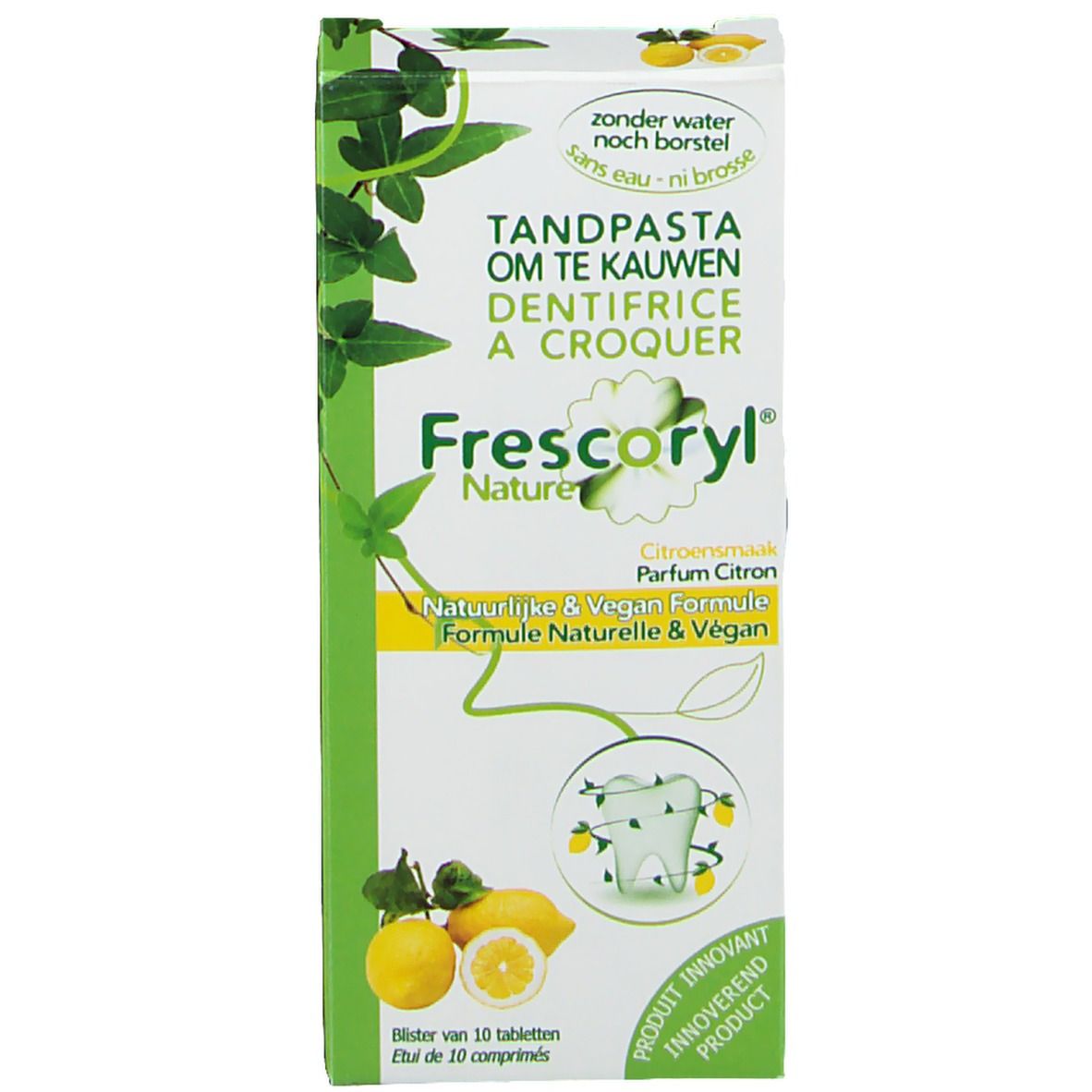 Emballage de Frescoryl® Zitronen-Zahnpasta. Blanc, vert et jaune. Illustrations de citrons et informations sur le produit.