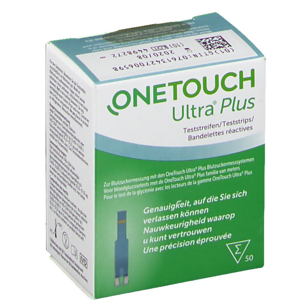 Boîte de bandelettes réactives OneTouch Ultra Plus. Emballage vert et blanc avec nom du produit et image de bandelette. Contient 50 bandelettes.