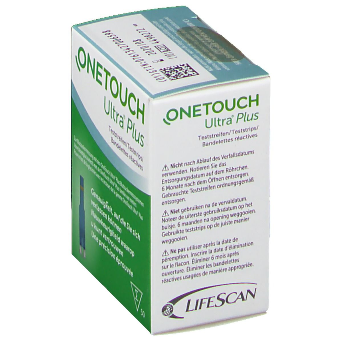 Boîte de bandelettes réactives OneTouch Ultra Plus. Vue en biais de l'emballage. Nom du produit et texte sur l'emballage. Contient 50 bandelettes.