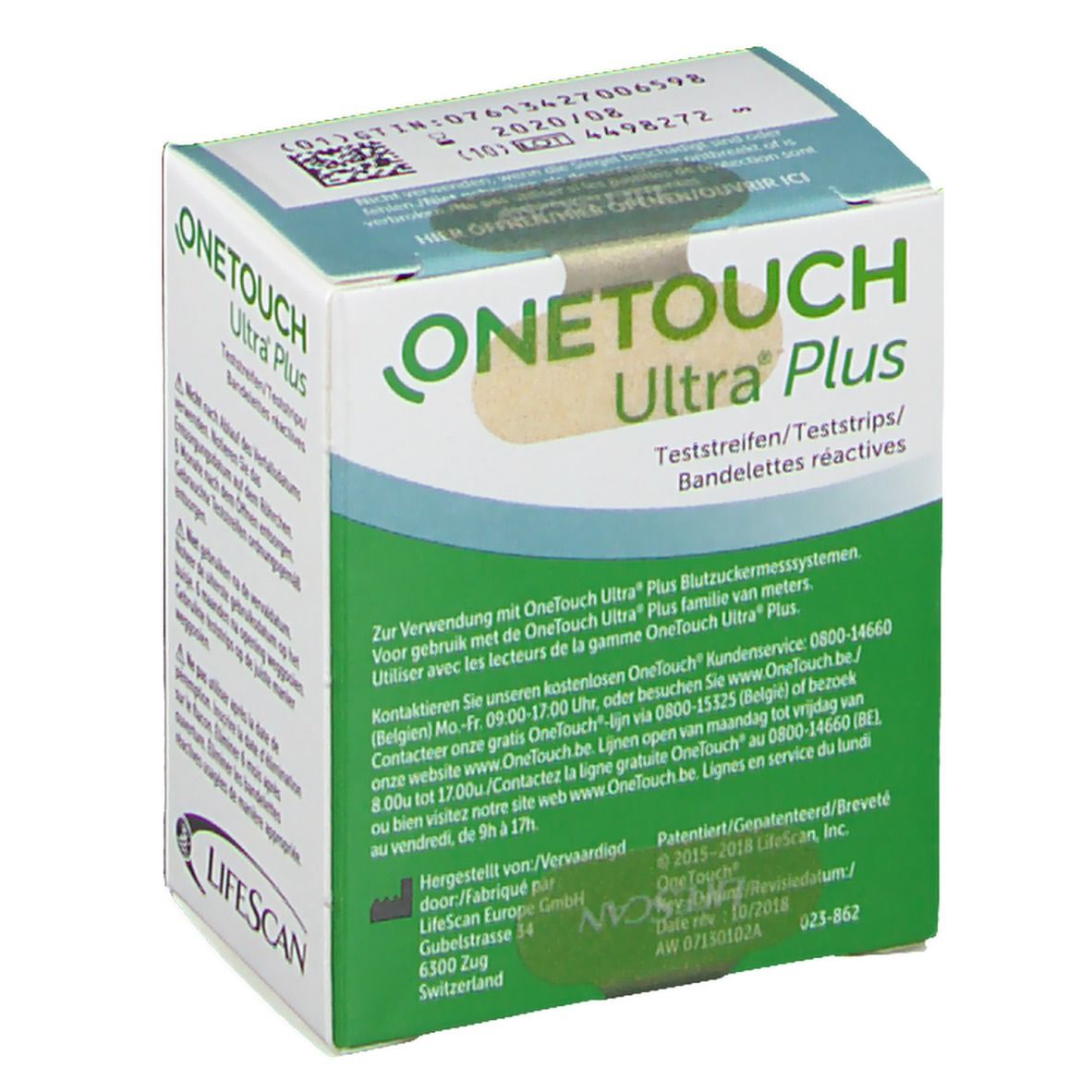 Boîte de bandelettes réactives OneTouch Ultra Plus. Emballage avec nom du produit et texte. Logo Lifescan. Contient 50 bandelettes.