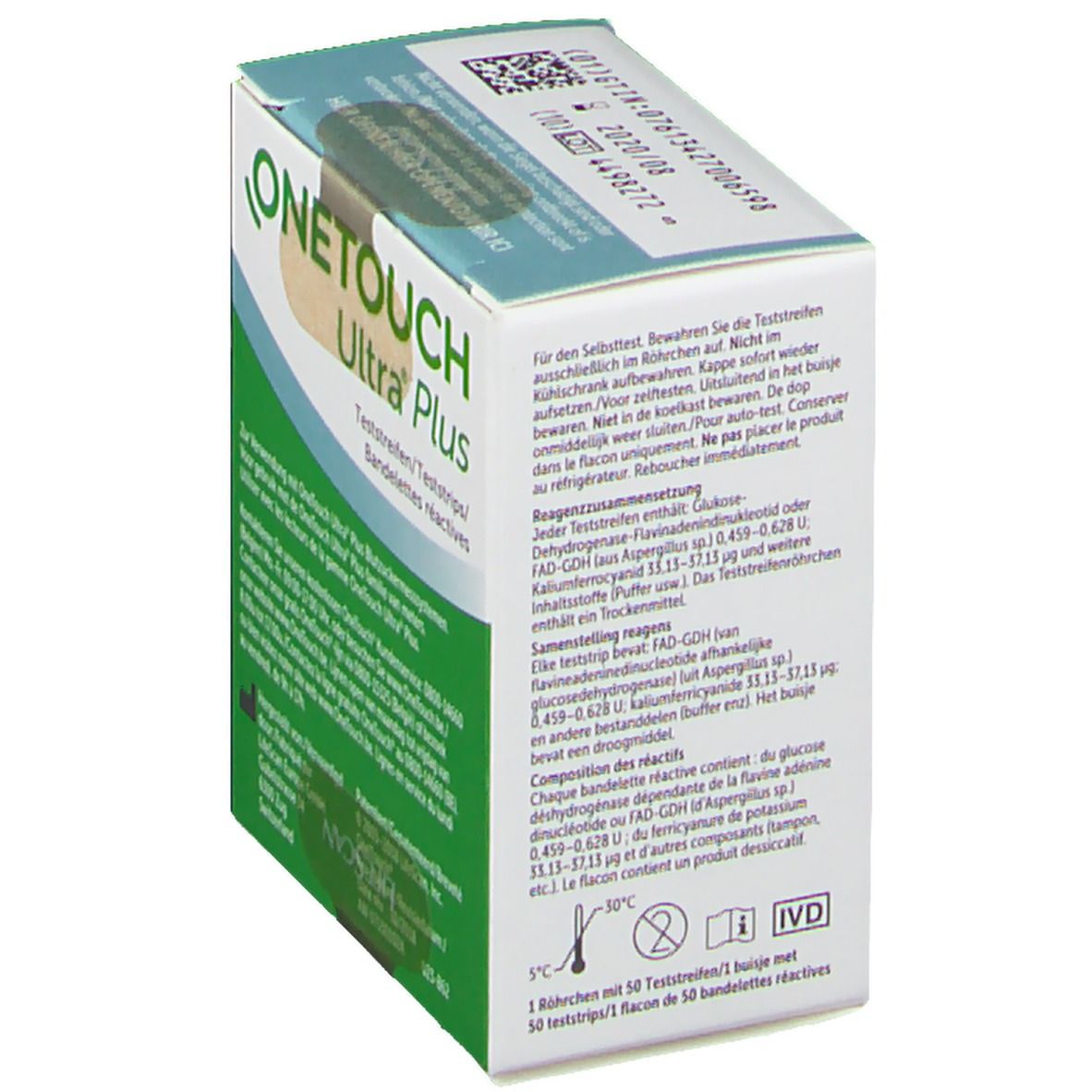 Boîte de bandelettes réactives OneTouch Ultra Plus. Dos de l'emballage avec texte et ingrédients. Contient 50 bandelettes.