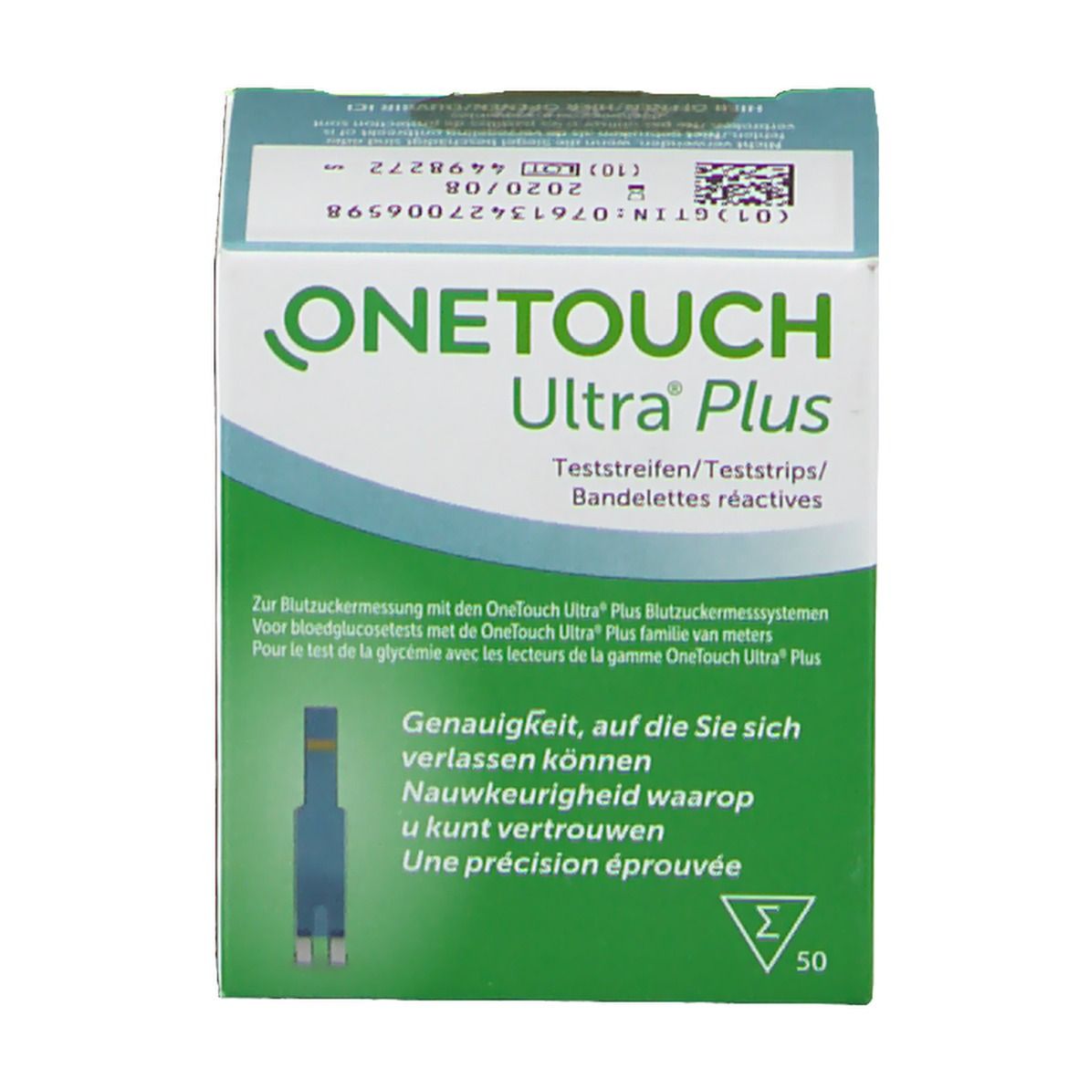 Boîte de bandelettes réactives OneTouch Ultra Plus. Vue de face de l'emballage avec nom du produit et image de bandelette. Contient 50 bandelettes.
