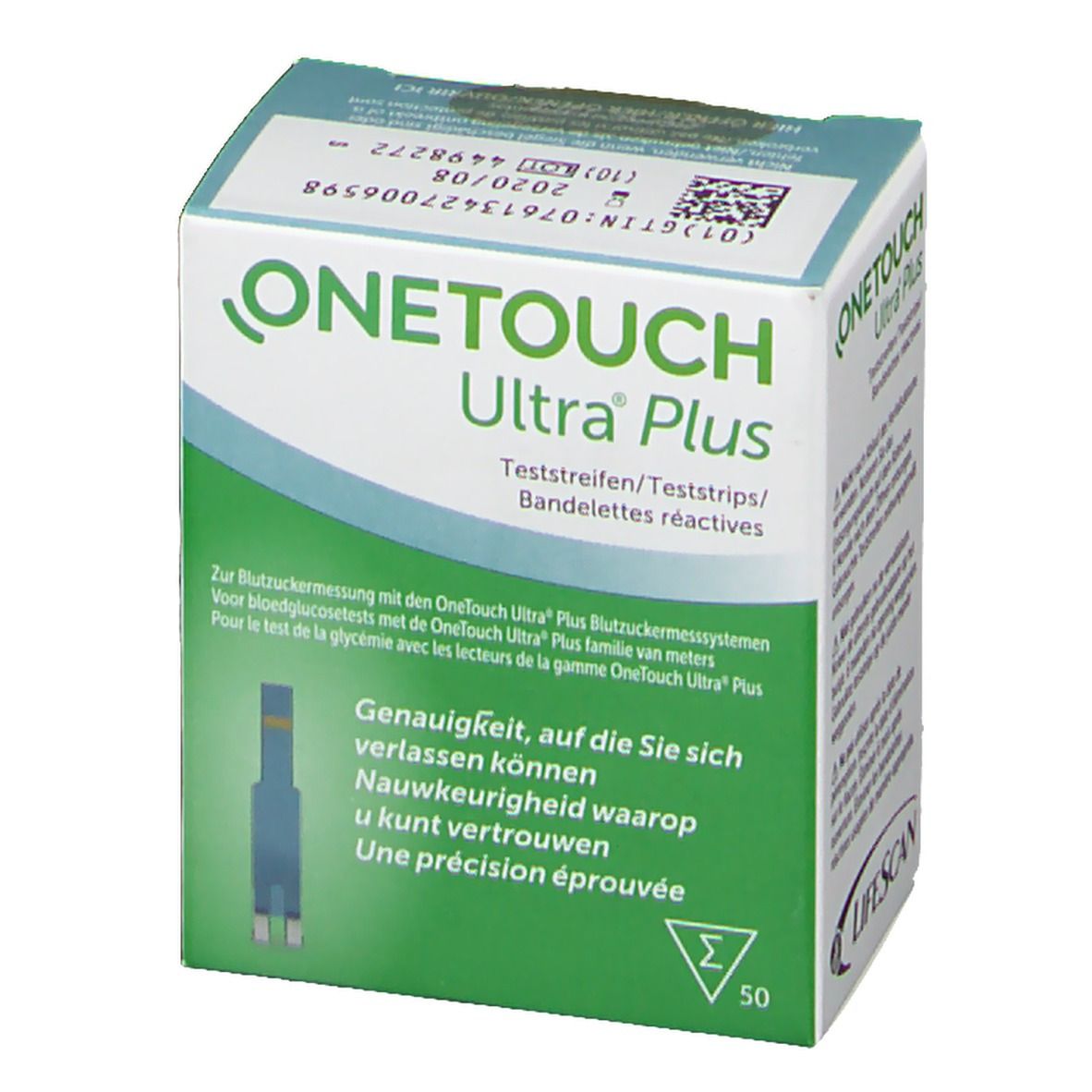 Boîte de bandelettes réactives OneTouch Ultra Plus. Vue de face de l'emballage avec nom du produit et image de bandelette. Contient 50 bandelettes.