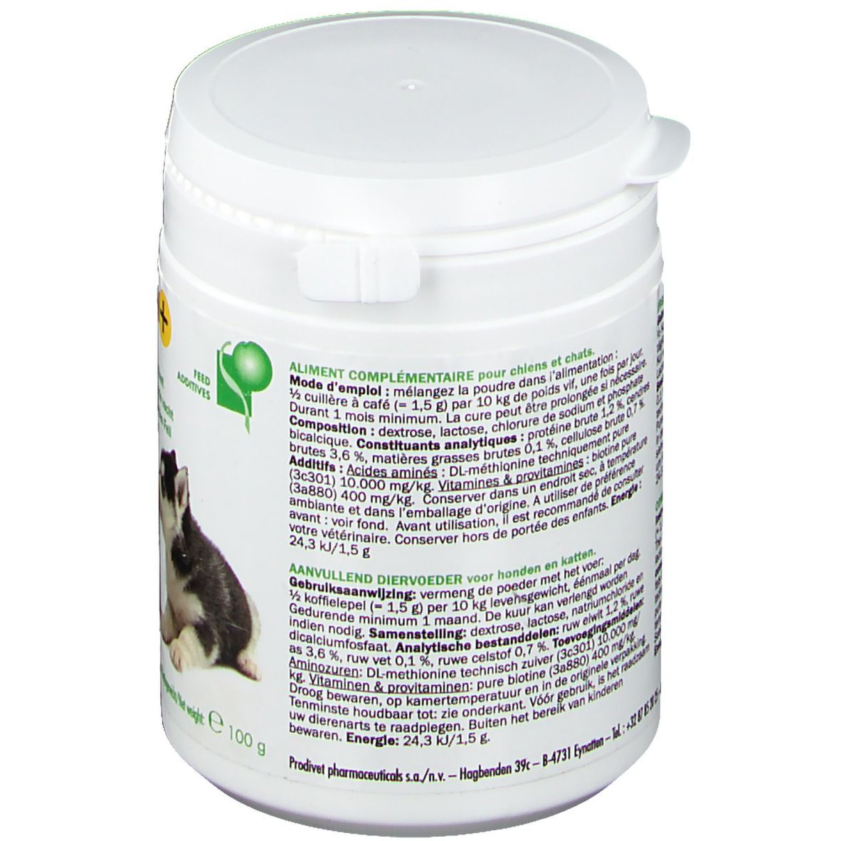 Achterkant van de witte pot. Tekst: Aanvullend diervoeder voor honden en katten. Ingrediënten, gebruiksaanwijzing. Fabrikantinformatie.