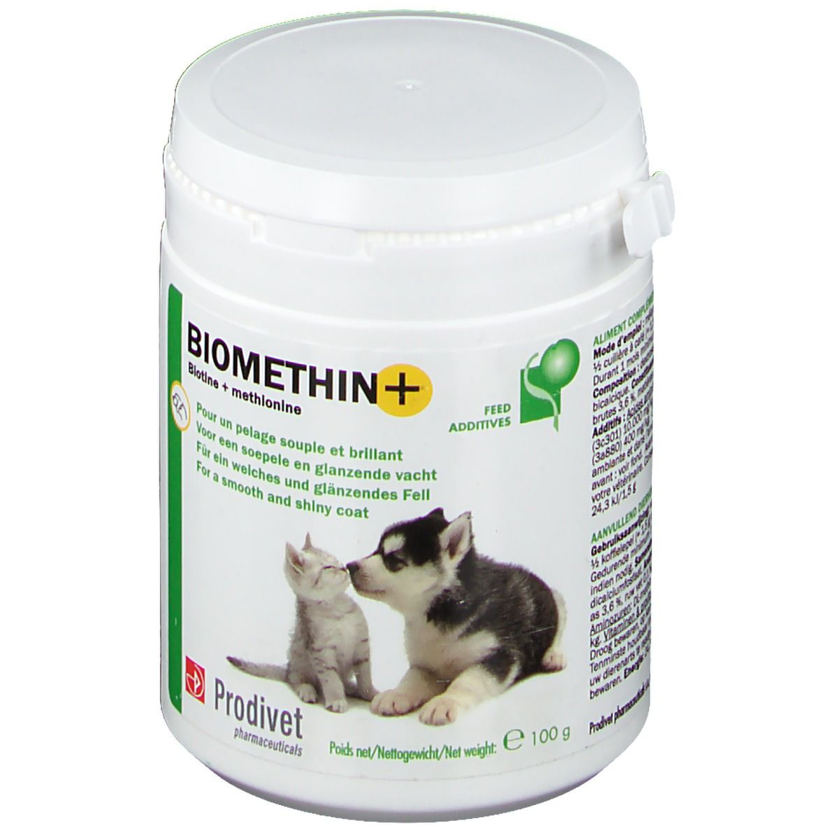 Witte pot met groen etiket. Tekst: BIOMETHIN+, biotine + methionine. Afbeelding: kat en hond. Fabrikant: Prodivet.