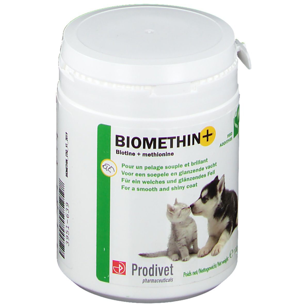 Witte pot met groen etiket. Tekst: BIOMETHIN+, biotine + methionine. Afbeelding: kat en hond. Fabrikant: Prodivet. Zijdelingse identificatie.