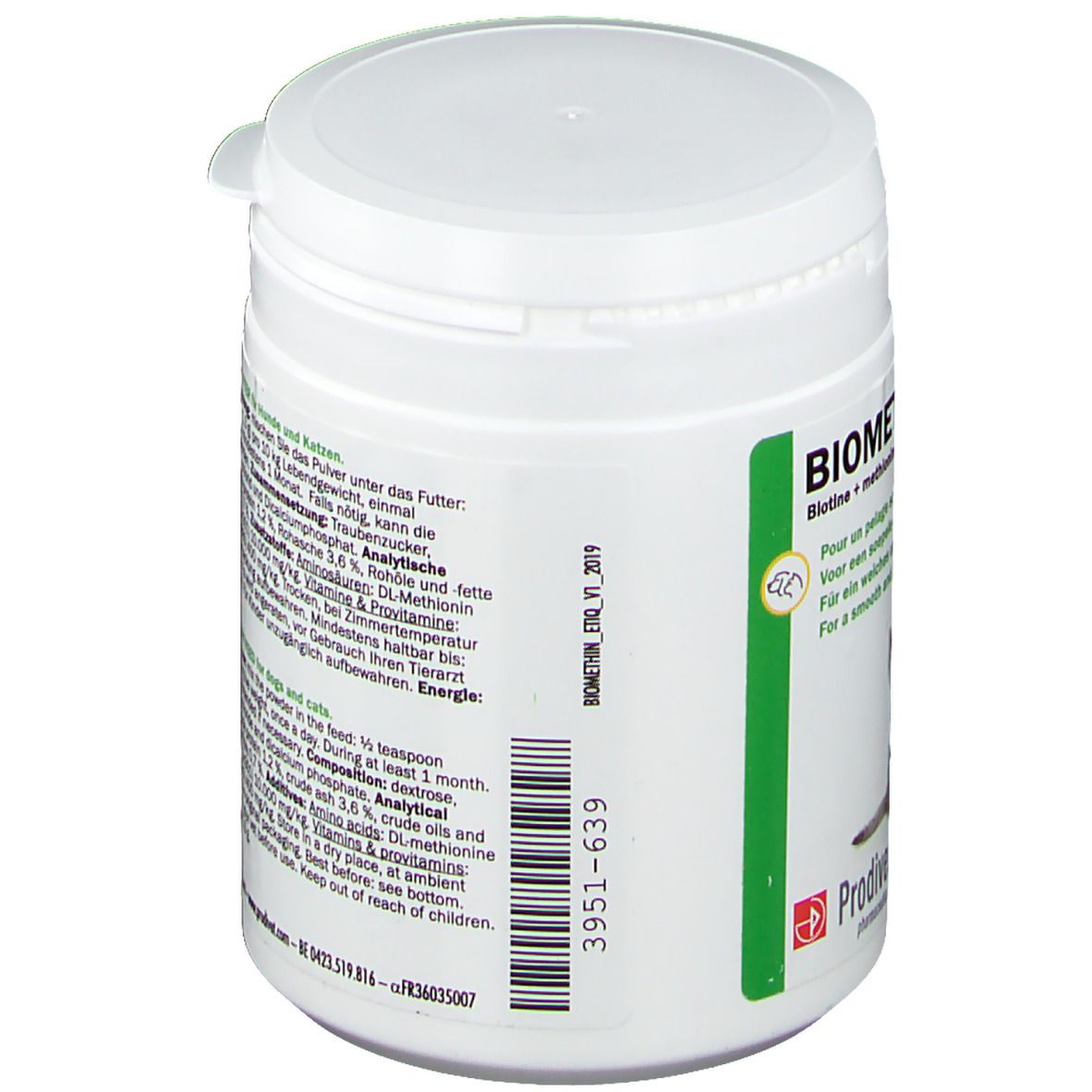Zijkant van de witte pot. Tekst: BIOMETHIN+, biotine + methionine. Ingrediënten, gebruiksaanwijzing. Fabrikantinformatie.