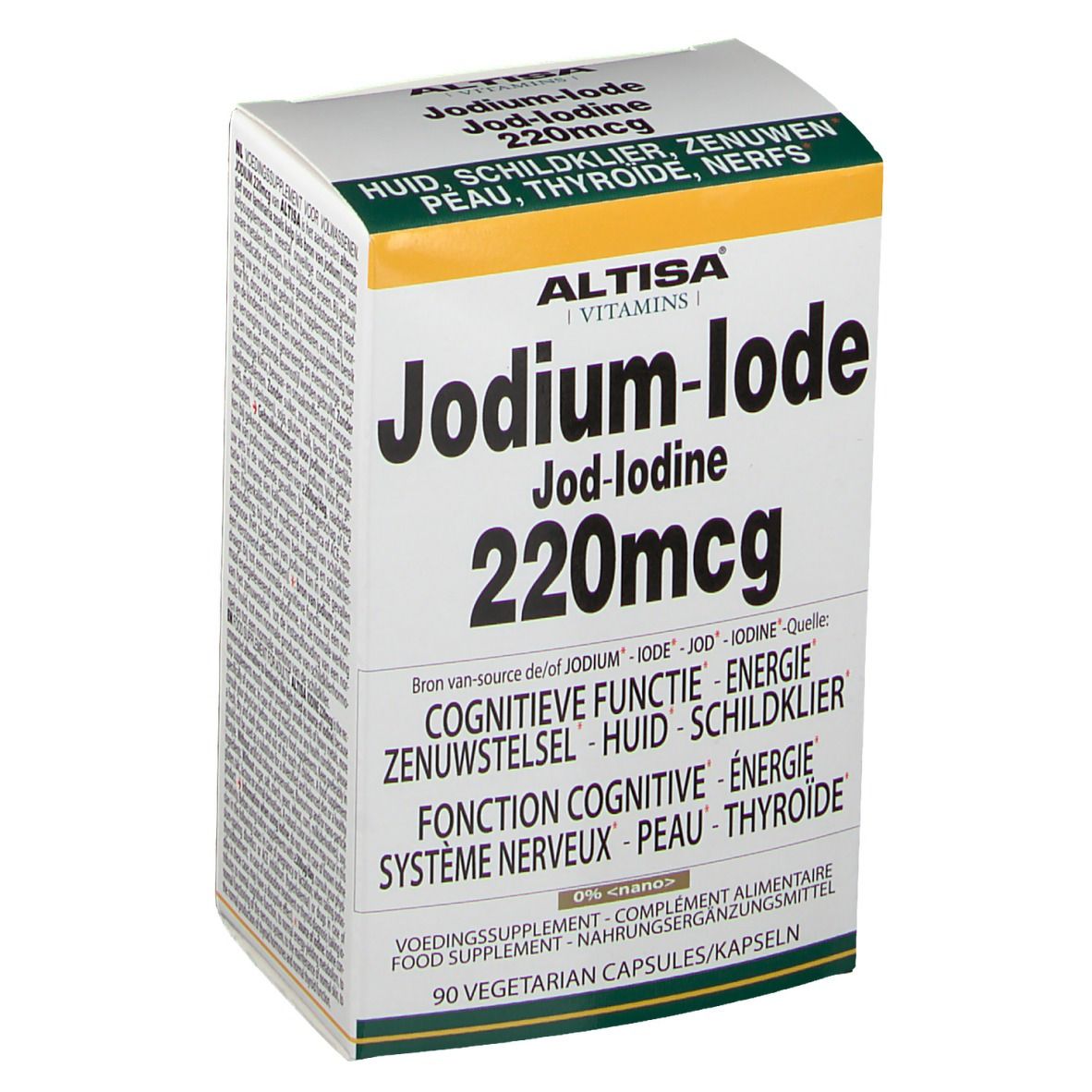 Witte doos met groene en gele accenten. Opschrift: Jodium-Iode 220mcg, Altisa Vitamins. Bevat 90 vegetarische capsules.