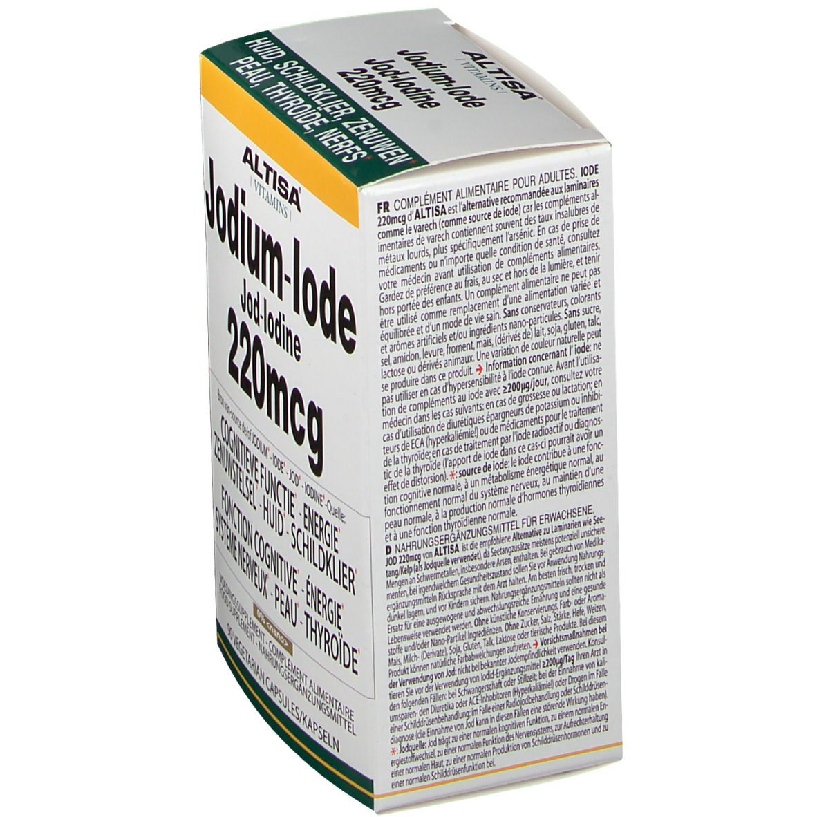 Witte doos met groene en gele accenten. Tekst: Jodium-Iode 220mcg, Altisa Vitamins. Bevat informatie en ingrediënten.