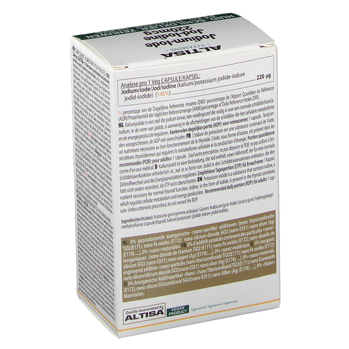 Witte doos met groene en gele accenten. Tekst: Jodium-Iode 220mcg, Altisa Vitamins. Bevat informatie over ingrediënten.