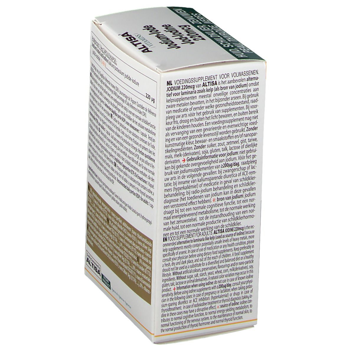 Witte doos met groene en gele accenten. Tekst: Jodium-Iode 220mcg, Altisa Vitamins. Bevat informatie over gebruik.