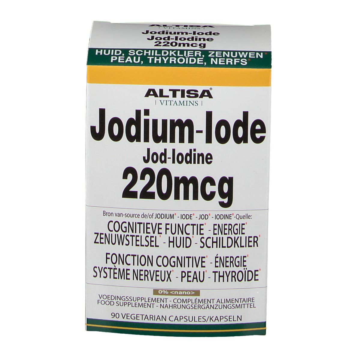Witte doos met groene en gele accenten. Opschrift: Jodium-Iode 220mcg, Altisa Vitamins. Bevat 90 vegetarische capsules.