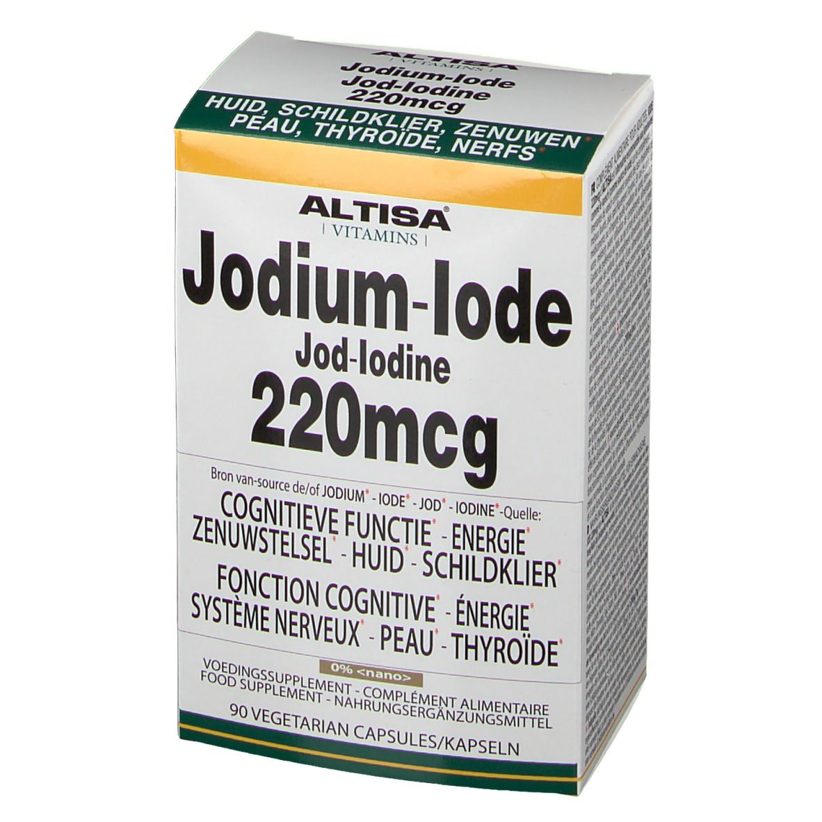 Witte doos met groene en gele accenten. Opschrift: Jodium-Iode 220mcg, Altisa Vitamins. Bevat 90 vegetarische capsules.