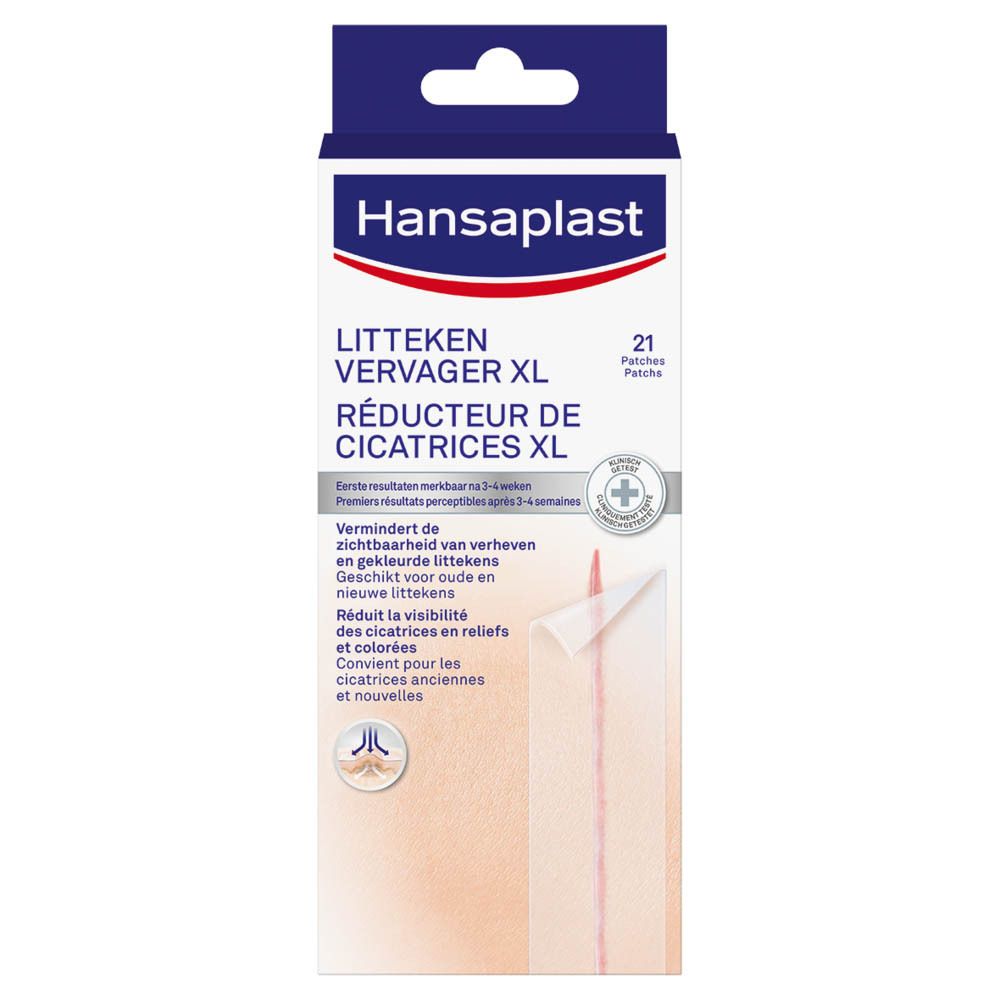 Boîte de Hansaplast Réducteur de Cicatrices XL. Contient 21 patchs. Un patch est illustré sur la peau sur l'emballage.