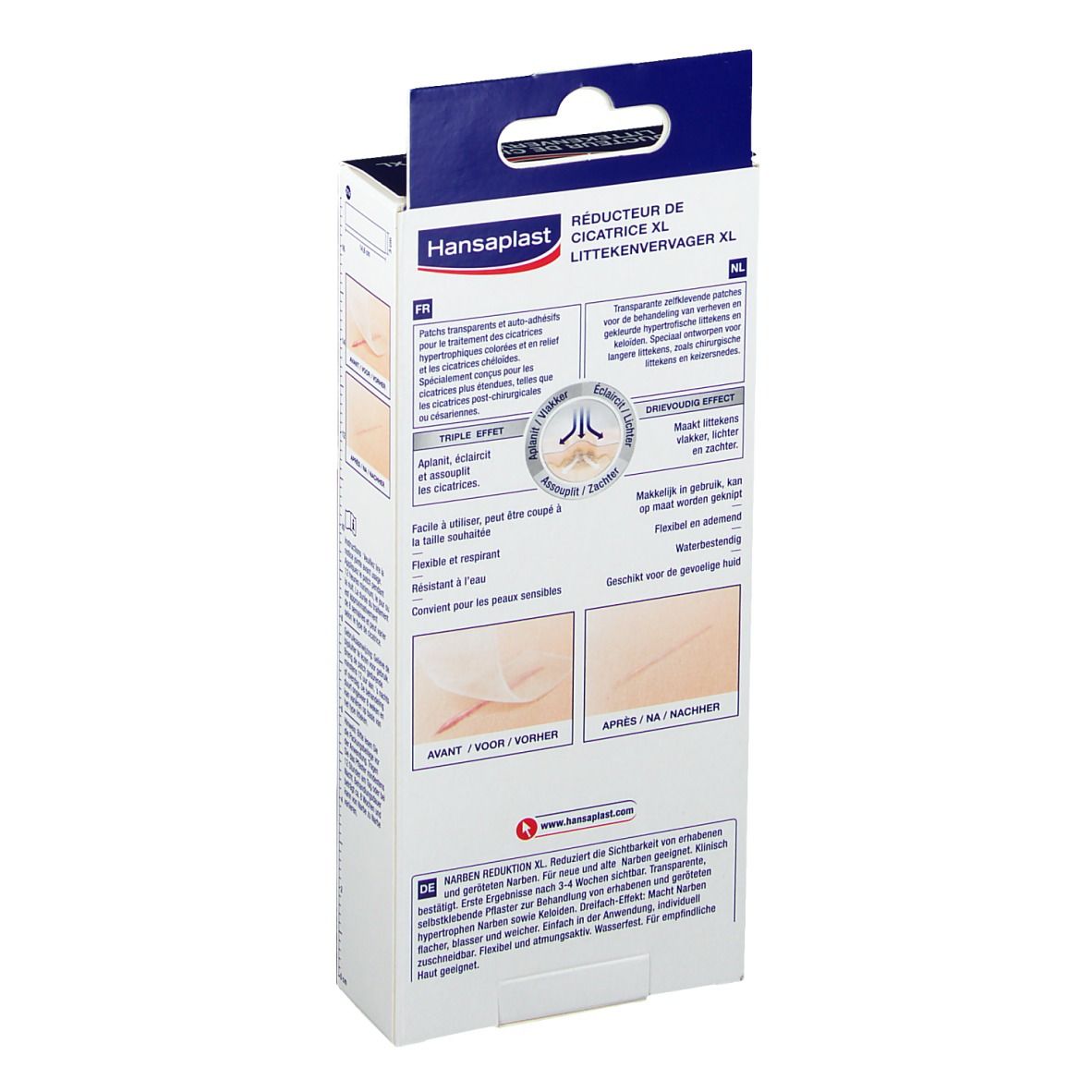 Dos de la boîte de Hansaplast Réducteur de Cicatrice XL. Contient des informations sur le produit et des exemples d'utilisation.