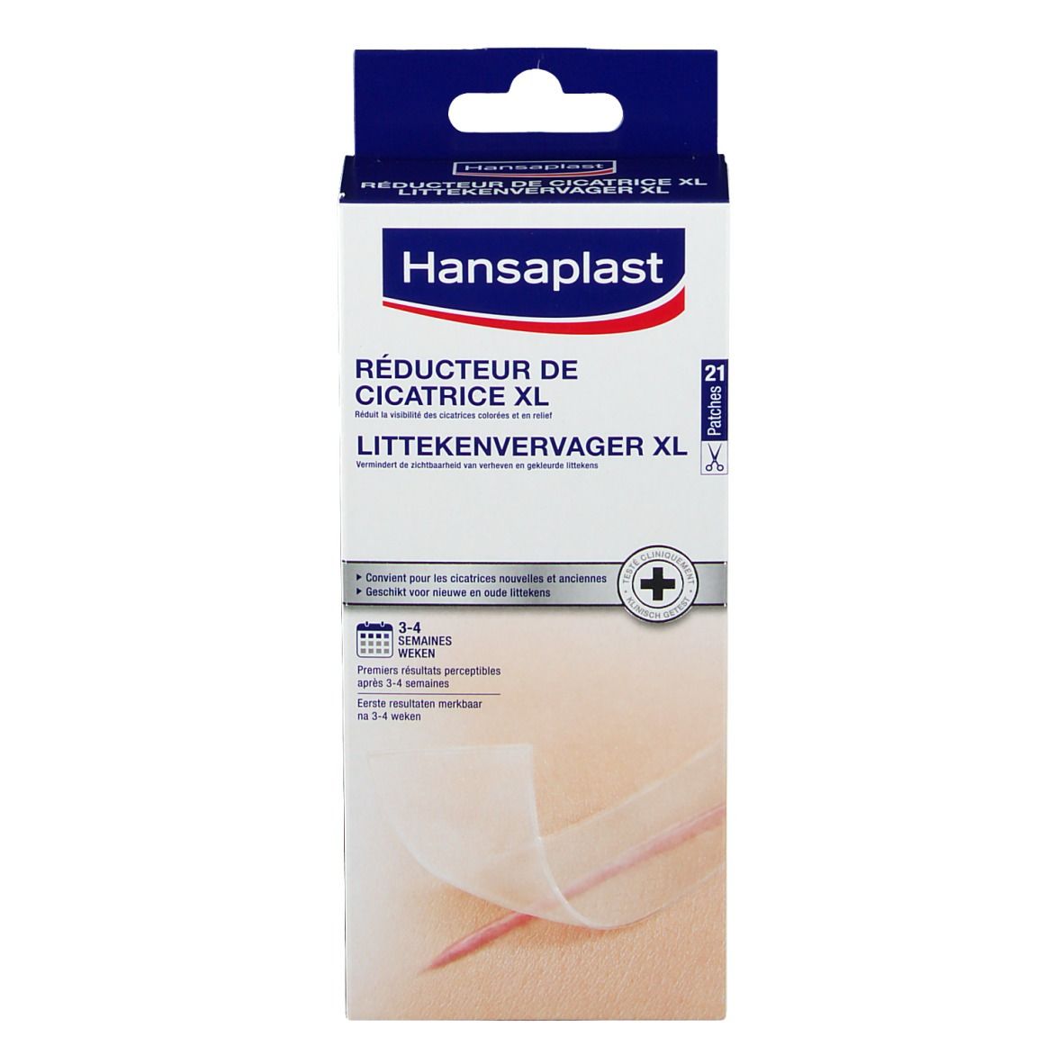 Boîte de Hansaplast Réducteur de Cicatrice XL. Contient 21 patchs. Un patch est illustré sur la peau sur l'emballage.
