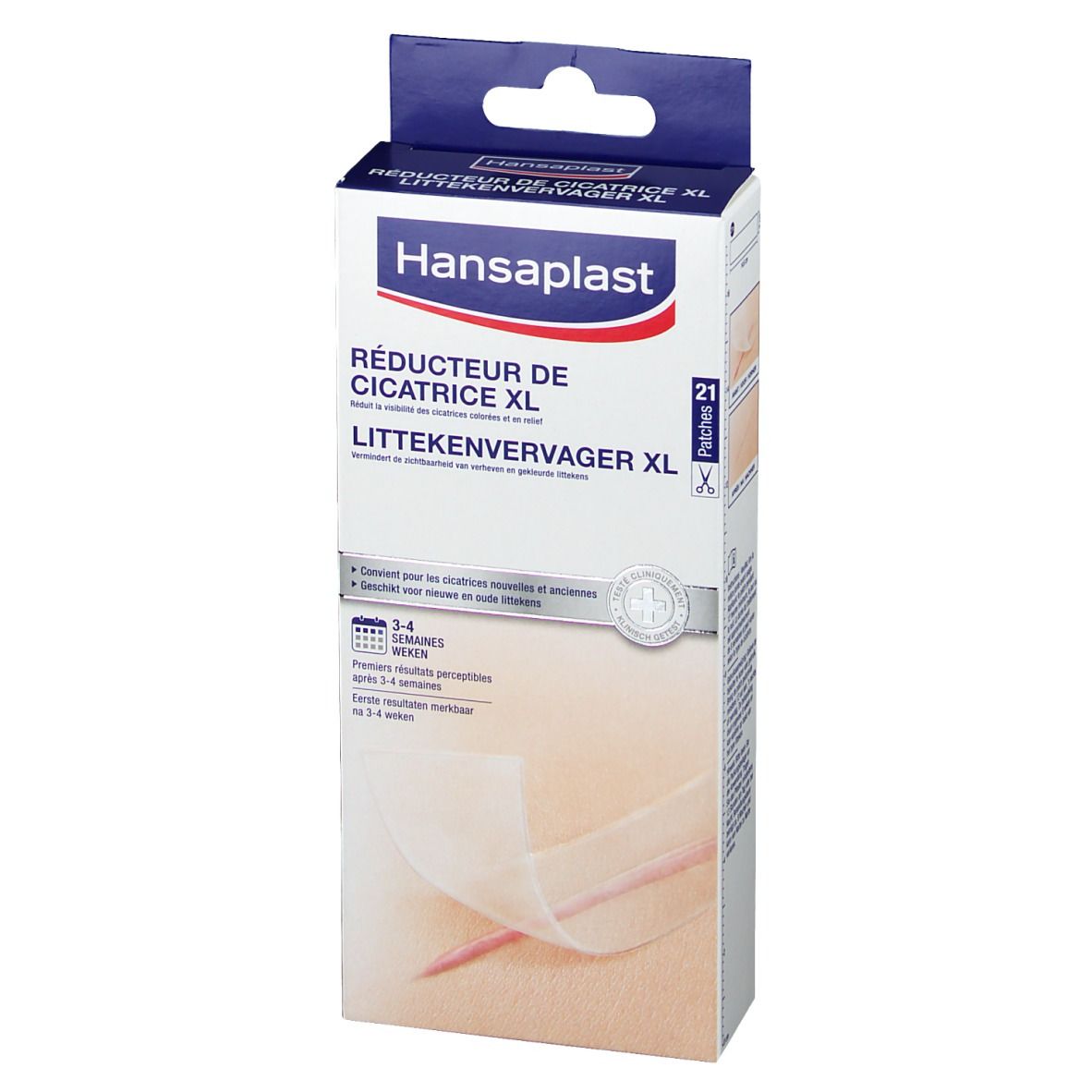 Boîte de Hansaplast Réducteur de Cicatrice XL. Contient 21 patchs. Un patch est illustré sur la peau sur l'emballage.