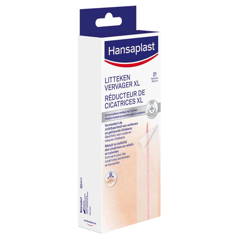 Verpakking van Hansaplast Littekenvervager XL. Bevat 21 pleisters. Een pleister is afgebeeld op de huid op de verpakking.