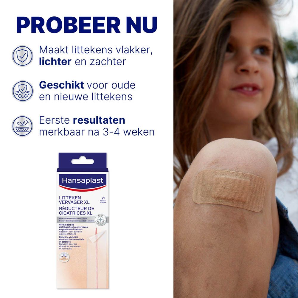 Reclamebeeld met een kind en een pleister op de knie. De verpakking van Hansaplast Littekenvervager XL is ook te zien.