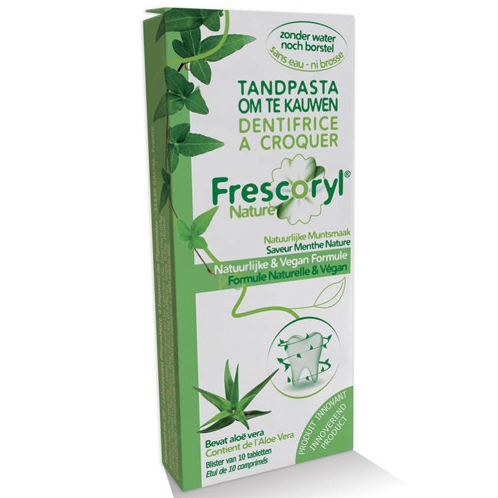 Emballage de dentifrice Frescoryl, feuilles vertes, texte en néerlandais et français. Contient de l'aloe vera.