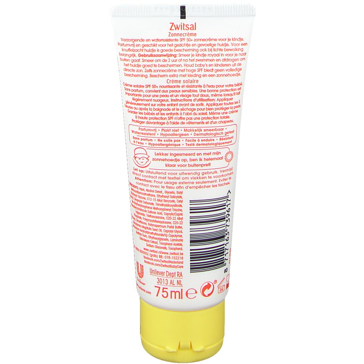 Crèmetube met gele dop. Opschrift: Zwitsal Zonnecreme, Crème solaire. Bevat 75ml. Met SPF 50+.