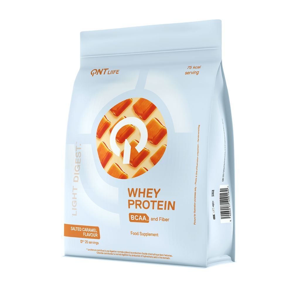 Sachet blanc de Whey Protein, saveur caramel salé. Logo QNT Life, texte: Whey Protein, BCAA et fibres.