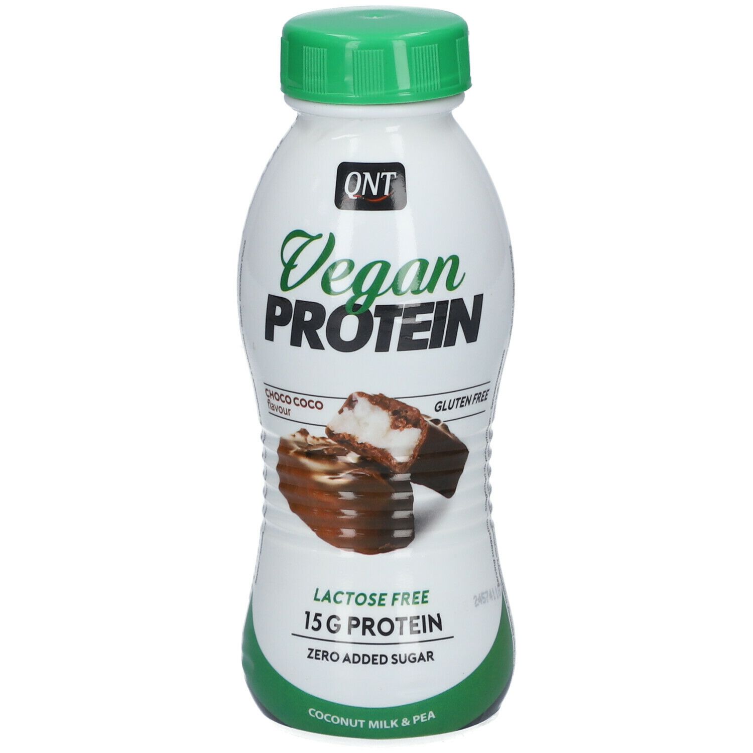 Bouteille blanche, bouchon vert. Inscription: Vegan Protein, Choco Coco, sans lactose, 15g protéines. Logo QNT.